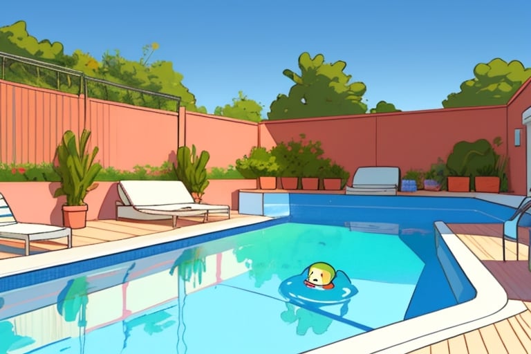 chibi vatar,cutestickers,relaxing,piscina,bikini,cozy,lofi, full view,landscape,background