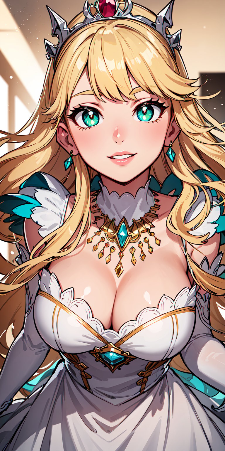 masterpiece, best quality, illustration, full body image, ornate and elaborate dress, platinum earrings, tiara, platinum necklace, white dress, 1girl, cute, cheerful face, (dynamic lighting:1.2), cinematic lighting, delicate facial features, detailed eyes, green eyes, long blonde hair, sharp pupils, realistic pupils, depth of field, bokeh, sharp focus, (hyper-detailed, bloom, glow:1.4), blonde hair, full lips, bright green eyes