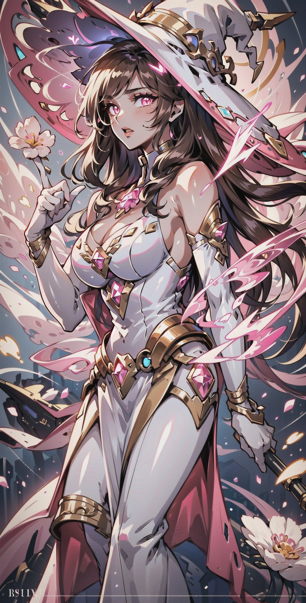 masterpiece, best quality, illustration, full body facing viewer, a beautiful witch casting a spell with planets around her, ornate white pink and gold wizard clothes, white and pink wizard hat with pink jewels, elegant, detailed celestial environment, luminous mushrooms,  (dynamic lighting:1.2), cinematic lighting, delicate elegant facial features, detailed eyes, pink eyes, long brunette hair, realistic pupils, depth of field, sharp focus, (hyper-detailed, bloom, glow:1.4), brown hair, full lips, bright pink eyes, mystical atmosphere, kind face, sexy,Science Fiction