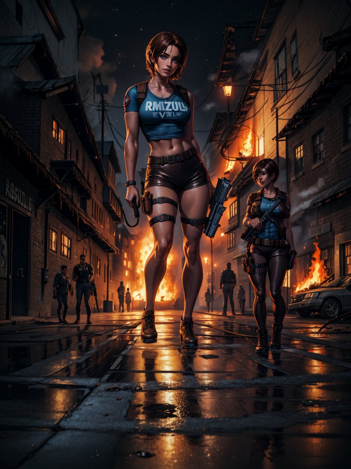 {((1 woman))}, only she is {((wearing short blue t-shirt and extremely tight brown leather shorts, short and tight on the body)), only elá has ((giant breasts)), (((short brown hair very slick, blue eyes)), staring at the viewer, smiling, ((pose with gun, macabre city, night, fog, multiple people+zombies walking in the street, cars destroyed, houses on fire)},  ((full body):1.3), ((Resident Evil)), 16k, best quality, best resolution, best sharpness,