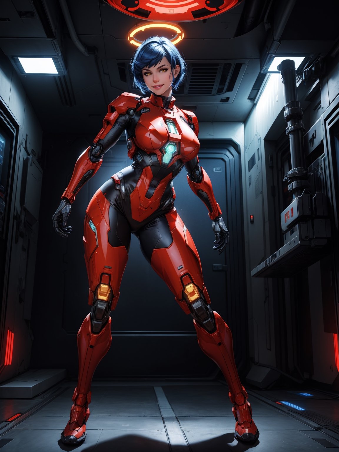 A woman, wearing black mecha suit with red metal parts + red robotic armor, suit with light coupling, extremely tight and tight suit, (luminous helmet, cybernetic on the head), monstrously giant breasts, blue hair, short hair, hair with bangs in front of the eyes, looking at the viewer, (((erotic pose interacting and leaning [on a structure | on something | on an object]))),  in a spaceship with many computers, machines, windows, robots, luminous pipes, ((full body):1.5), 16k, UHD, best possible quality, ultra detailed, best possible resolution, Unreal Engine 5, professional photography, well-detailed fingers, well-detailed hand, perfect_hands, ((halo infinite))