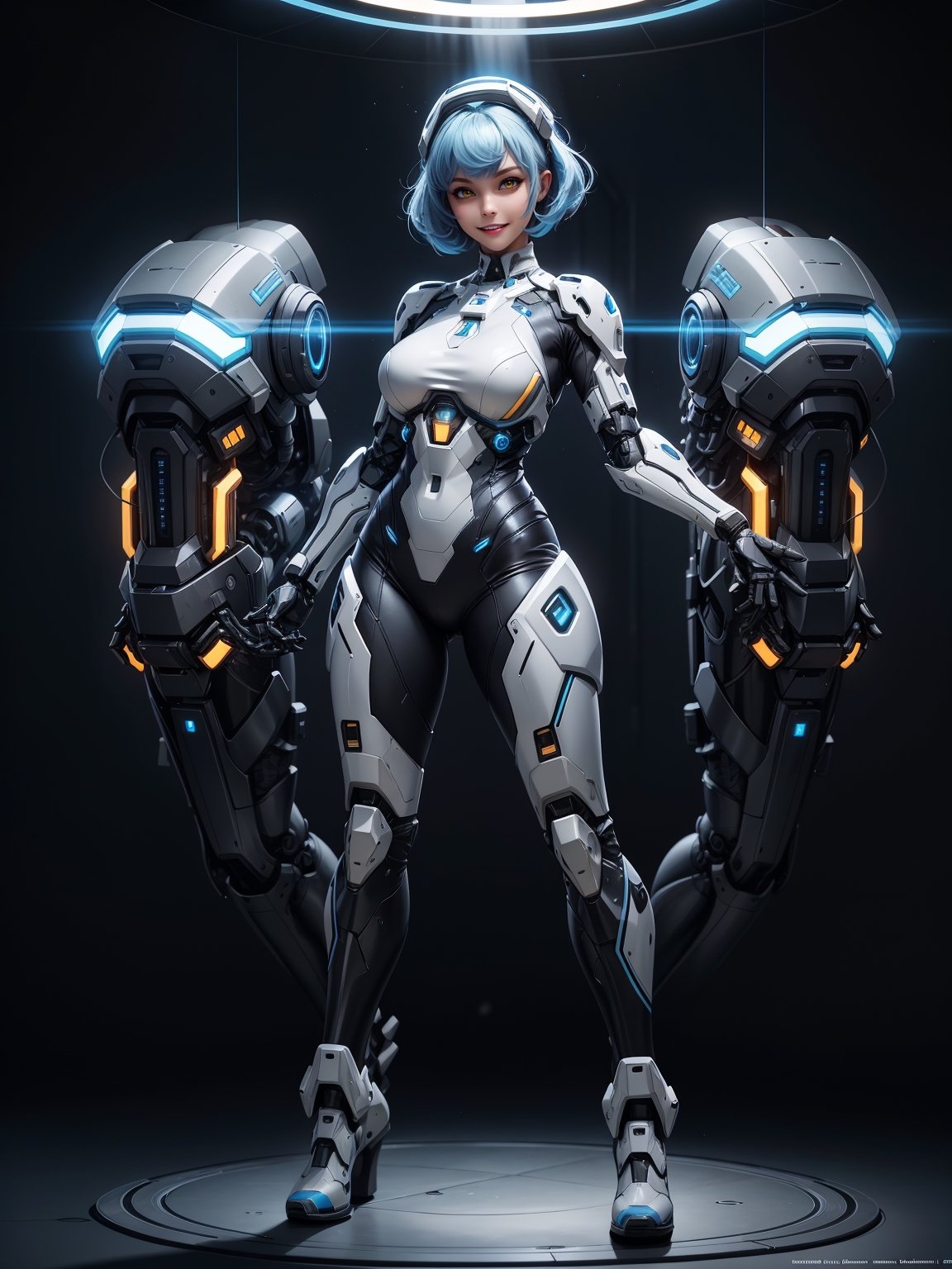 A woman, wearing black mecha suit with blue metal parts + blue robotic armor, suit with light coupling, extremely tight and tight suit, (luminous helmet, cybernetic on the head), monstrously giant breasts, blue hair, short hair, hair with bangs in front of the eyes, looking at the viewer, (((erotic pose interacting and leaning [on something|on an object|on something]))), in a spaceship with many computers, machines, windows, robots, luminous pipes, ((full body):1.5), 16k, UHD, best possible quality, ultra detailed, best possible resolution, Unreal Engine 5, professional photography, well-detailed fingers, well-detailed hand, perfect_hands, ((halo infinite))