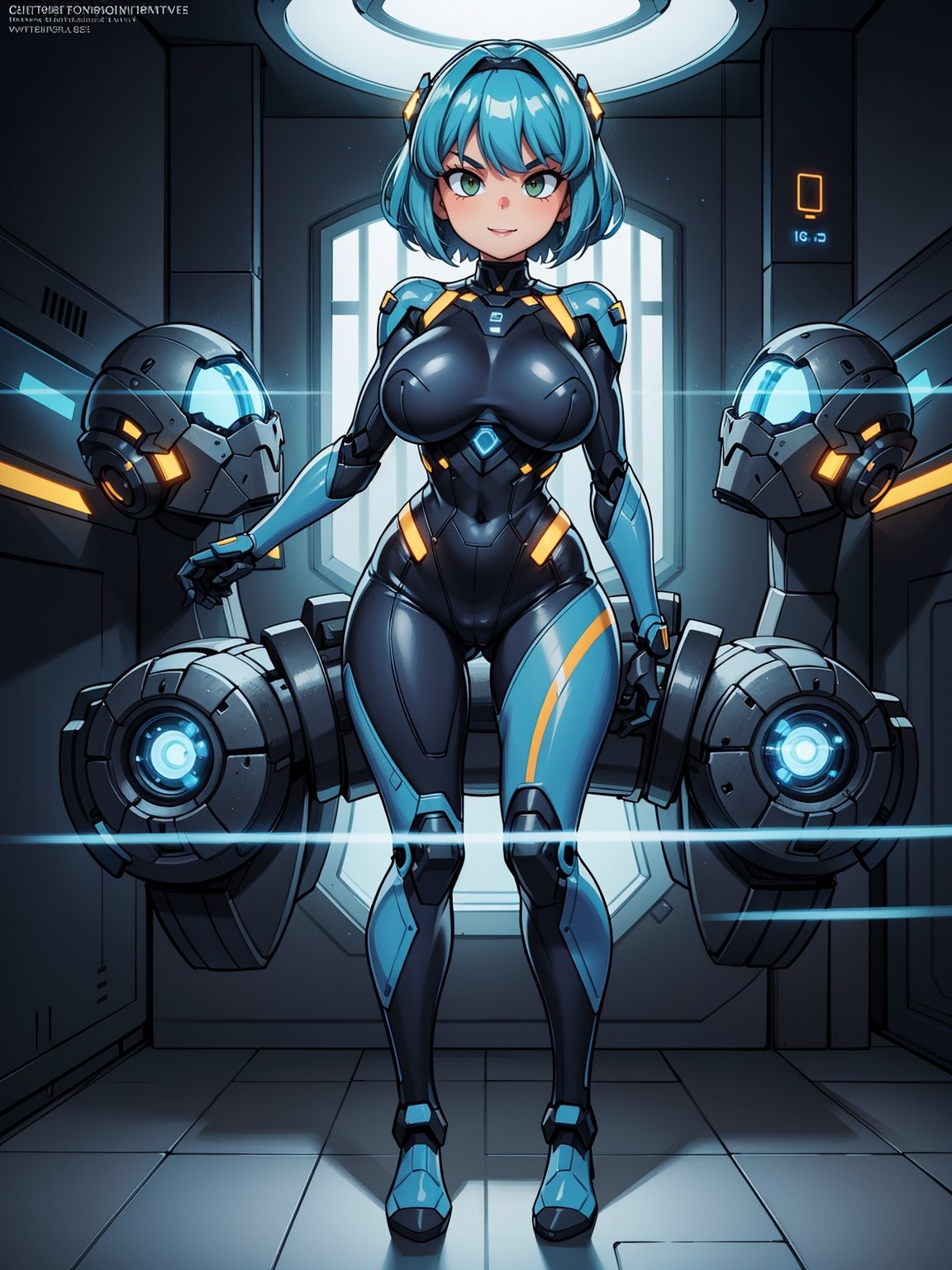 A woman, wearing black mecha suit with blue metal parts + blue robotic armor, suit with light coupling, extremely tight and tight suit, (luminous helmet, cybernetic on the head), monstrously giant breasts, blue hair, short hair, hair with bangs in front of the eyes, looking at the viewer, (((erotic pose interacting and leaning [on something|on an object|on something]))), in a spaceship with many computers, machines, windows, robots, luminous pipes, ((full body):1.5), 16k, UHD, best possible quality, ultra detailed, best possible resolution, Unreal Engine 5, professional photography, well-detailed fingers, well-detailed hand, perfect_hands, mecha style, futuristic style