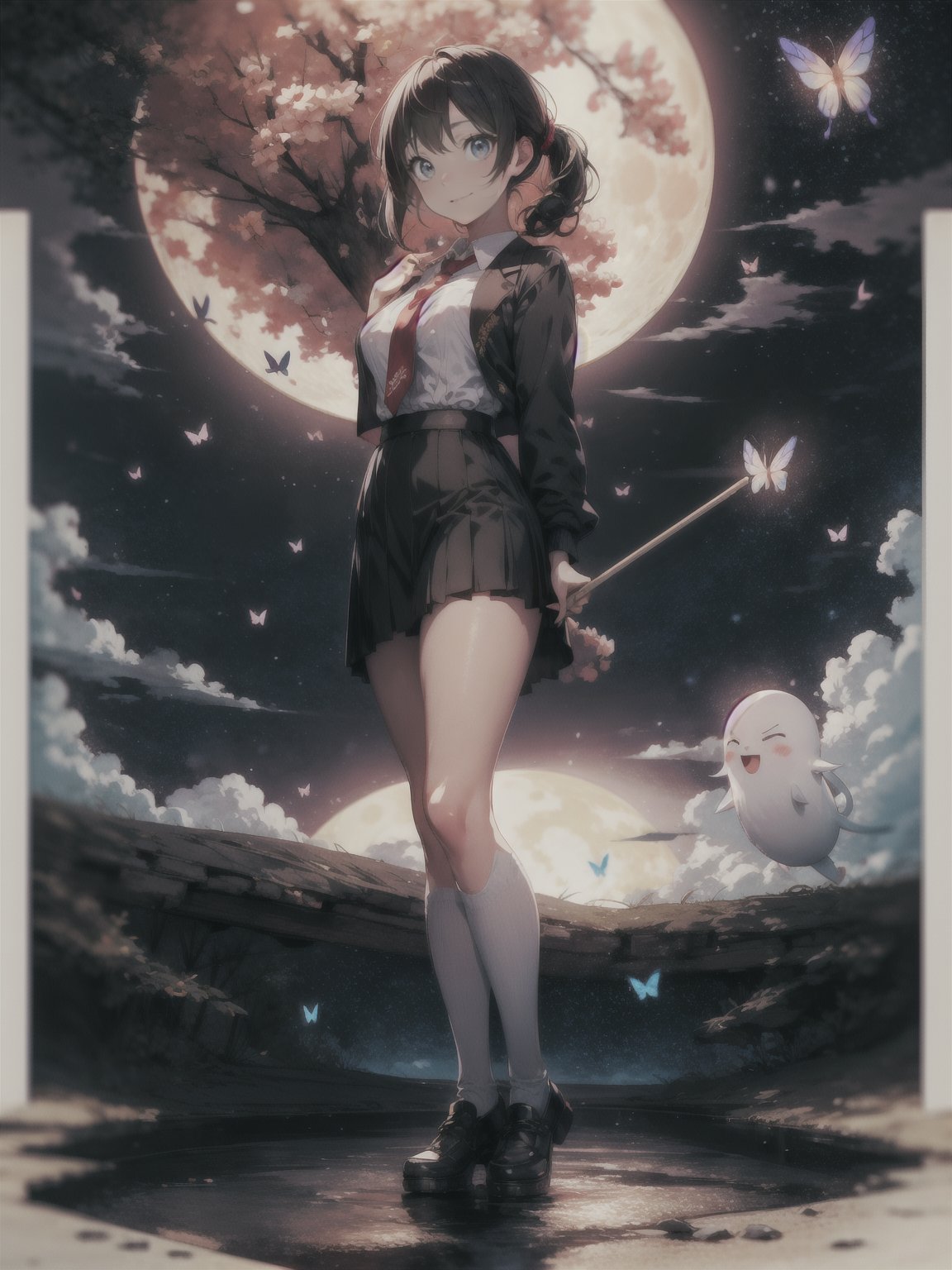 ((full body, standing):1.5), {((1 woman))}, {((wearing school suit with red skewer with tie, short black skirt, white stockings)), ((extremely large breasts)), ((very short black hair, blue eyes)) looking at the viewer, smiling, very happy, ((exhibitionist pose leaning back)), ((in an ancient Japanese ghost town, ghosts shadowing it, ghosts flying, night, just a full moon in the sky))}, (Fatal Frame Crimson Butterfly), 16k, best quality, best resolution, best sharpness, ultra detailed,