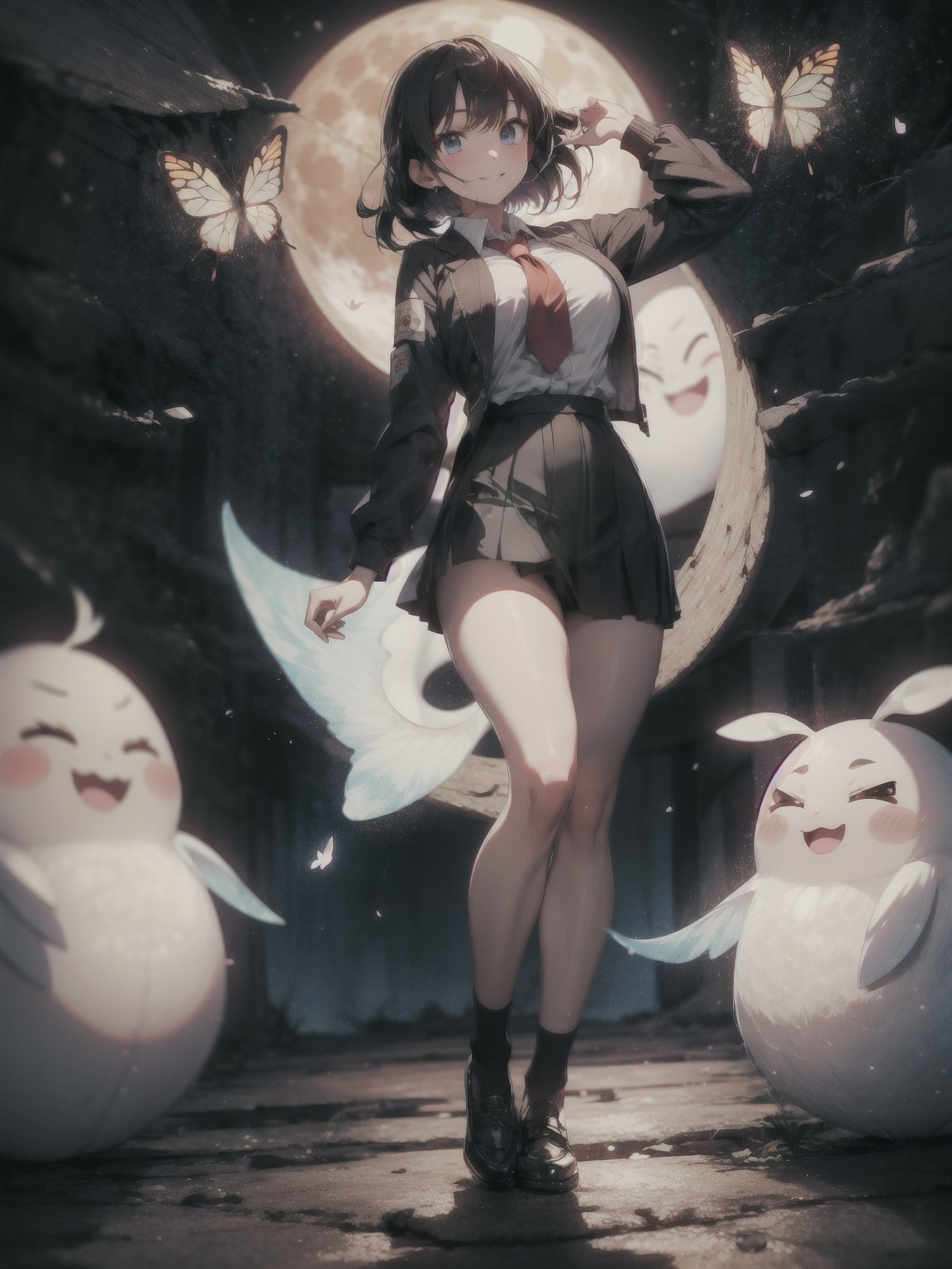 ((full body, standing):1.5), {((1 woman))}, {((wearing school suit with red skewer with tie, short black skirt, white stockings)), ((extremely large breasts)), ((very short black hair, blue eyes)) looking at the viewer, smiling, very happy, ((exhibitionist pose leaning back)), ((in an ancient Japanese ghost town, ghosts shadowing it, ghosts flying, night, just a full moon in the sky))}, (Fatal Frame Crimson Butterfly), 16k, best quality, best resolution, best sharpness, ultra detailed,