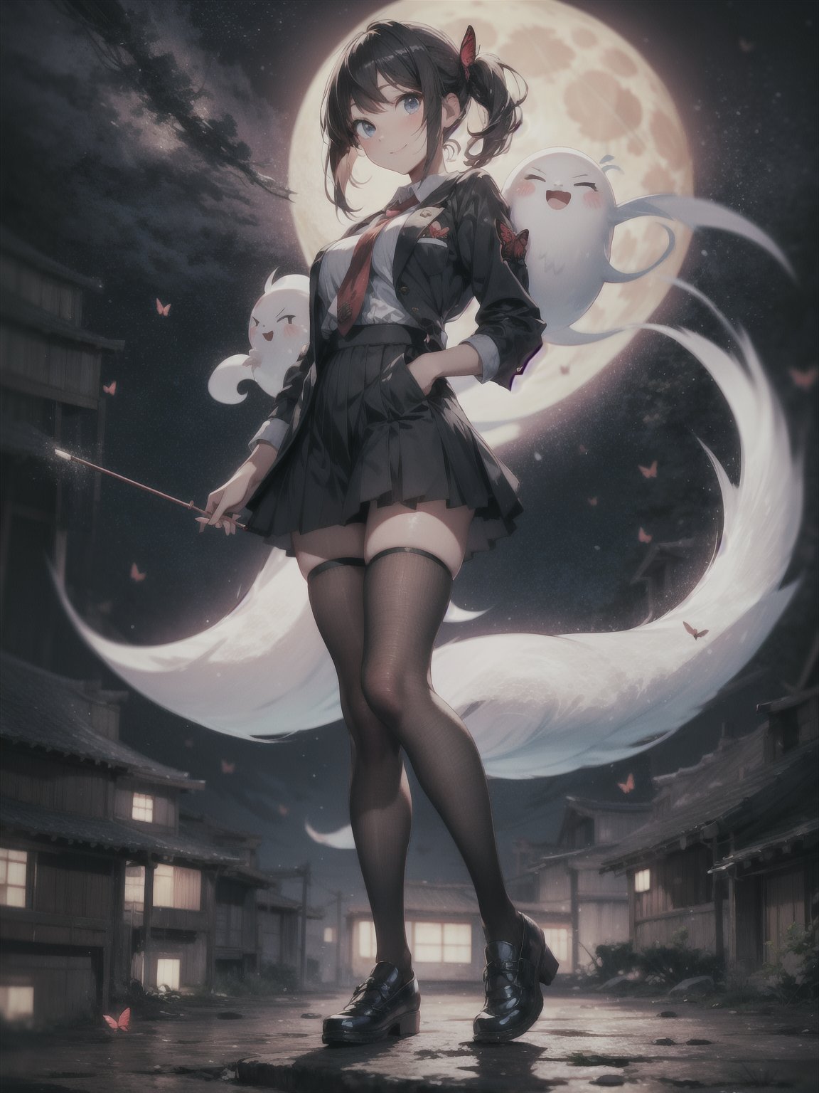 ((full body, standing):1.5), {((1 woman))}, {((wearing school suit with red skewer with tie, short black skirt, white stockings)), ((extremely large breasts)), ((very short black hair, blue eyes)) looking at the viewer, smiling, very happy, ((exhibitionist pose leaning back)), ((in an ancient Japanese ghost town, ghosts shadowing it, ghosts flying, night, just a full moon in the sky))}, (Fatal Frame Crimson Butterfly), 16k, best quality, best resolution, best sharpness, ultra detailed,