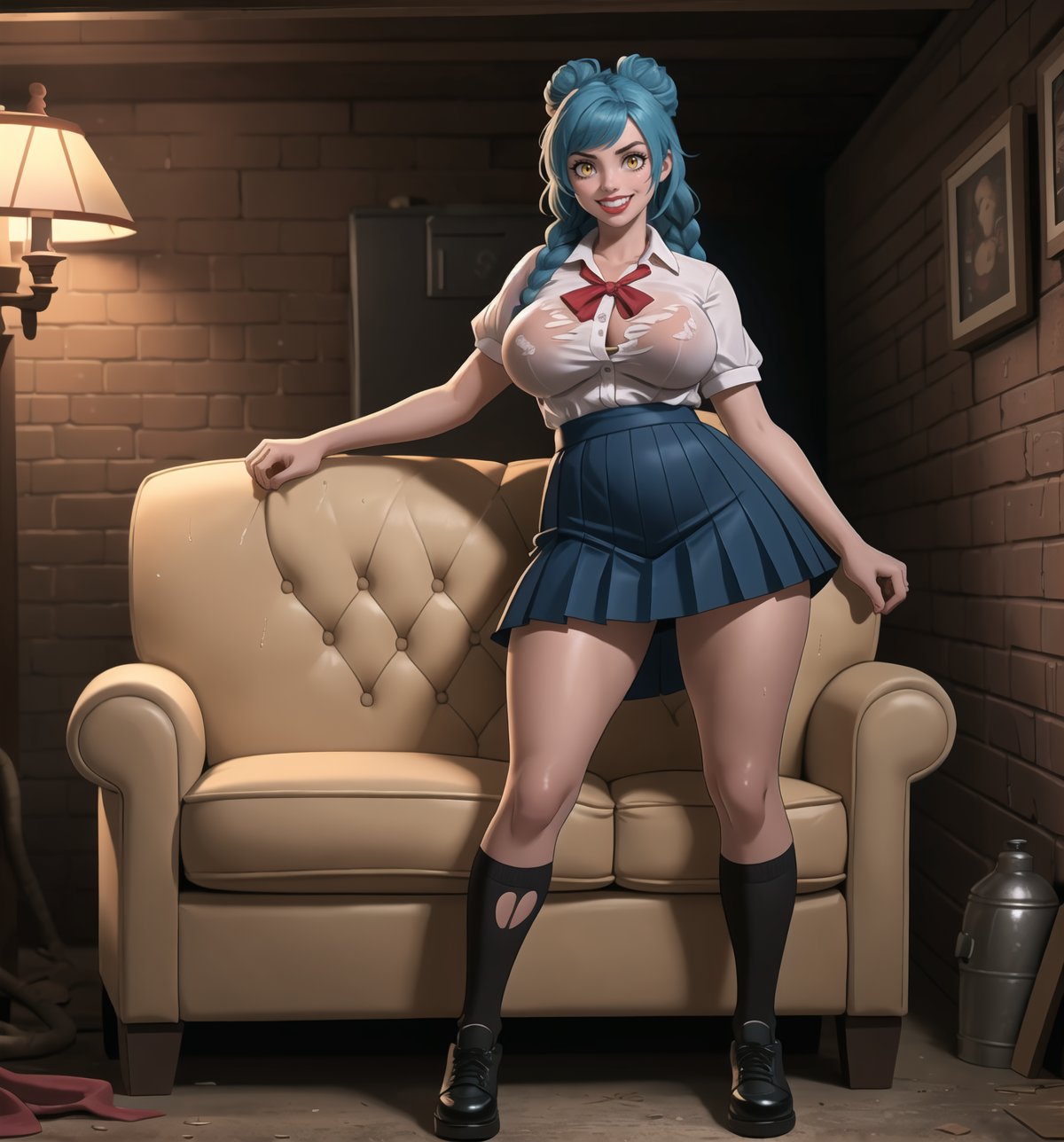 A masterpiece in 8K ultra-detailed with realistic and horror styles, rendered in ultra-high resolution with graphic details. | A 23-year-old woman with enormous breasts, wearing a dirty and deteriorated schoolgirl outfit with a torn blue pleated skirt, dirty white blouse, stained white knee-high socks, worn-out black shoes, and a faded red bow around her neck. Long blue hair with braids and two buns. Yellow eyes, ((looking at the viewer, smiling and showing teeth, wearing red lipstick)). Located in a grimy basement with wooden structures, an old sofa, and metal structures. The dim light of a single lamp hanging from the ceiling illuminates the place, casting dancing shadows on the basement walls. An old sofa, cardboard boxes, and cobwebs adorn the scene. | The image highlights the imposing figure of the young woman and the architectural elements of the basement. The wooden structures, old sofa, cardboard boxes, and cobwebs, along with the young woman, create a frightening and unsettling environment. The dim light of the hanging lamp creates dramatic shadows and emphasizes the details of the scene. | Soft and somber lighting effects create a tense and mysterious atmosphere, while rough and detailed textures on the structures and outfit add realism to the image. | A disturbing and unsettling scene of a young woman in a grimy basement, exploring themes of horror and suspense. | (((The image reveals a full-body shot as she assumes a sensual pose, engagingly leaning against a structure within the scene in an exciting manner. She takes on a sensual pose as she interacts, boldly leaning on a structure, leaning back and boldly throwing herself onto the structure, reclining back in an exhilarating way.))). | ((((full-body shot)))), ((perfect pose)), ((perfect arms):1.2), ((perfect limbs, perfect fingers, better hands, perfect hands, hands)), ((perfect legs, perfect feet):1.2), she has ((perfect breasts, firm breasts, saggy breasts, huge breasts)), ((perfect design)), ((perfect composition)), ((very detailed scene, very detailed background, perfect layout, correct imperfections)), (((Enhance))), ((More Detail, poakl, milf))+++