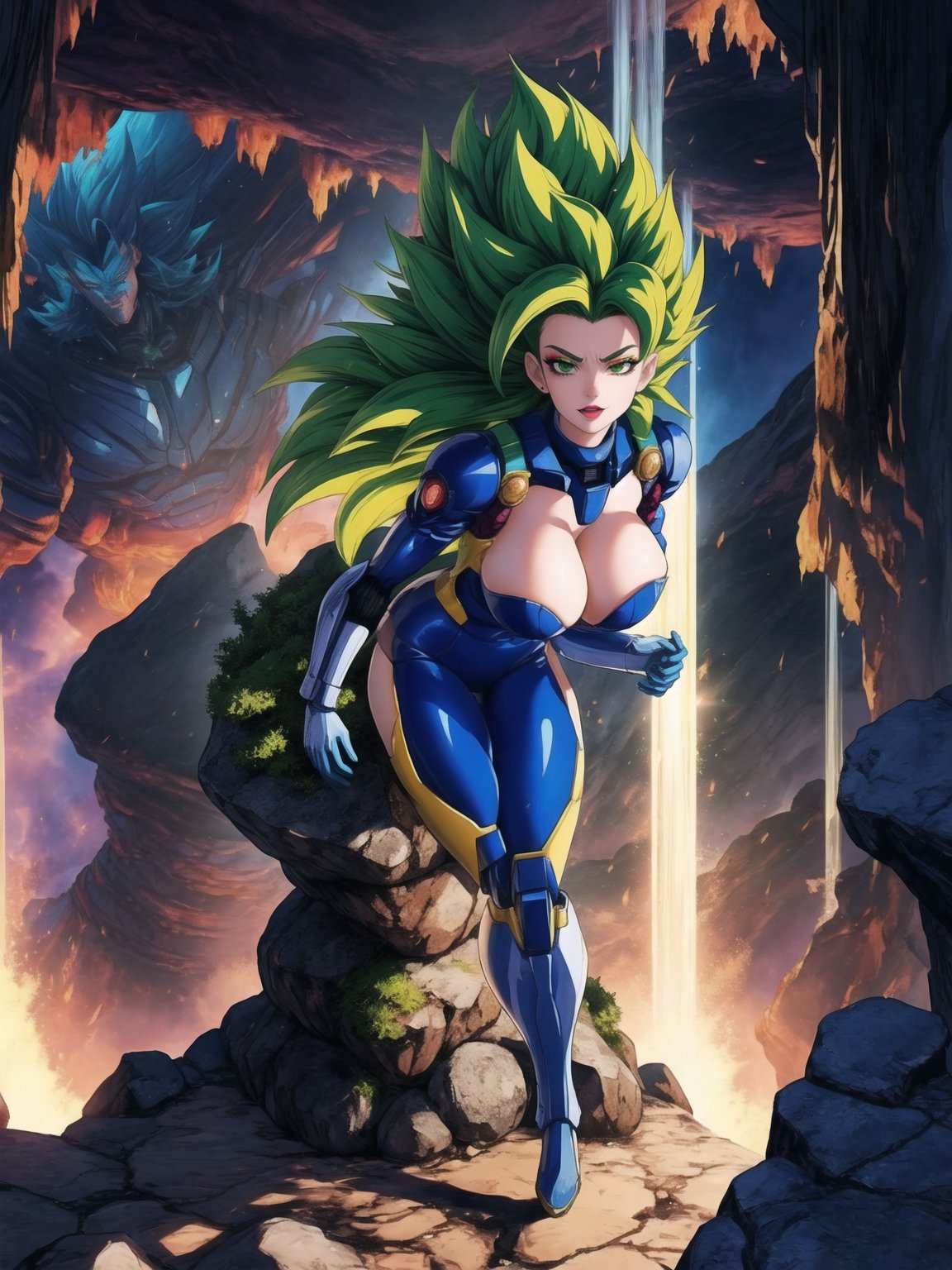 A woman, wearing all white mecha suit, mecha suit with parts in blue, mecha suit with cybernetic armor, very tight mecha suit, ((gigantic breasts, SuperSaiyan, green hair, (looking directly at the viewer), she is, in a dungeon in a cave, with many machines, monsters, robots, altars, pillars of stones, luminous pipes, waterfall, 16K, UHD, best possible quality, ultra detailed, best possible resolution, Unreal Engine 5, professional photography, she is, ((sensual pose with interaction and leaning on anything + object + on something + leaning against)) + perfect_thighs, perfect_legs, perfect_feet, better_hands, ((full body)), More detail,