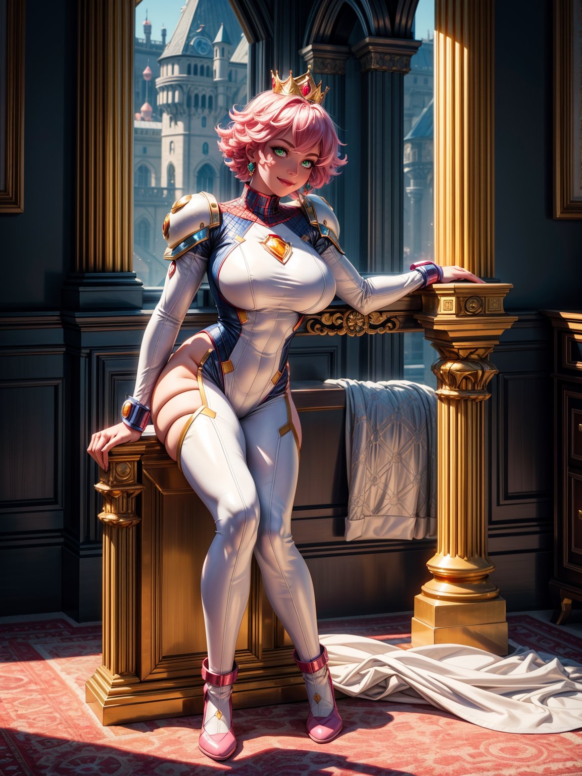 A woman, wearing the white mecha costume+MegaMan costume+Spider-Man costume, gigantic breasts, pink hair, very short hair, curly hair, bangs in front of the eyes, gold crown with jewels on the head, looking at the viewer, (((erotic pose interacting and leaning on an object))), in a princess room in a castle with furniture, statue, window showing the city with a beautiful sun at the top right, ((full body):1.5). 16k, UHD, best possible quality, ((best possible detail):1), best possible resolution, Unreal Engine 5, professional photography, ((Princess Peach)), perfect_hands,in the style of SM