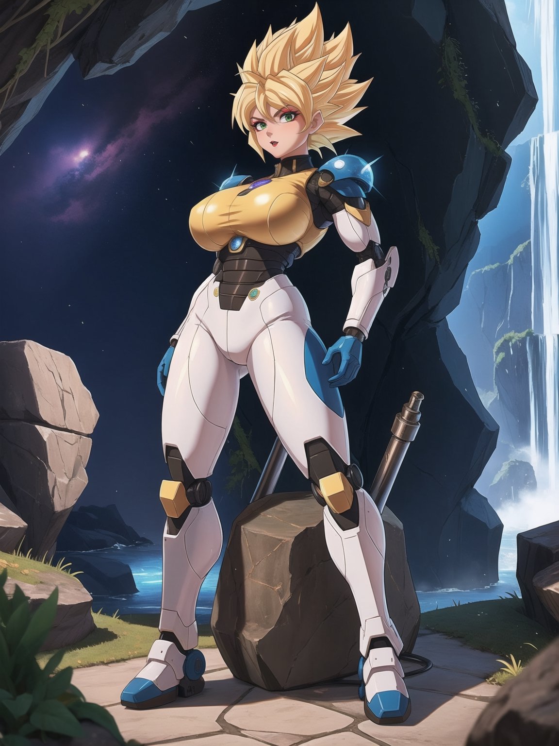 A woman, wearing all white mecha suit, mecha suit with parts in blue, mecha suit with cybernetic armor, very tight mecha suit, gigantic breasts, ((super saiyan hair, super saiyan spiky hair)), golden hair, very short hair, messy hair, hair with bangs in front of the eyes, (looking directly at the viewer), she is, in a dungeon in a cave, with many machines, monsters, robots, altars, pillars of stones, luminous pipes, waterfall, 16K, UHD, best possible quality, ultra detailed, best possible resolution, Unreal Engine 5, professional photography, she is, ((sensual pose with interaction and leaning on anything + object + on something + leaning against)) + perfect_thighs, perfect_legs, perfect_feet, better_hands, ((full body)), More detail,