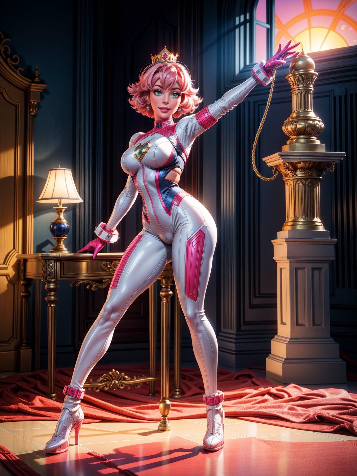 A woman, wearing the white mecha costume+MegaMan costume+Spider-Man costume, gigantic breasts, pink hair, very short hair, curly hair, bangs in front of the eyes, gold crown with jewels on the head, looking at the viewer, (((erotic pose interacting and leaning on an object))), in a princess room in a castle with furniture, statue, window showing the city with a beautiful sun at the top right, ((full body):1.5). 16k, UHD, best possible quality, ((best possible detail):1), best possible resolution, Unreal Engine 5, professional photography, ((Princess Peach)), perfect_hands,in the style of SM