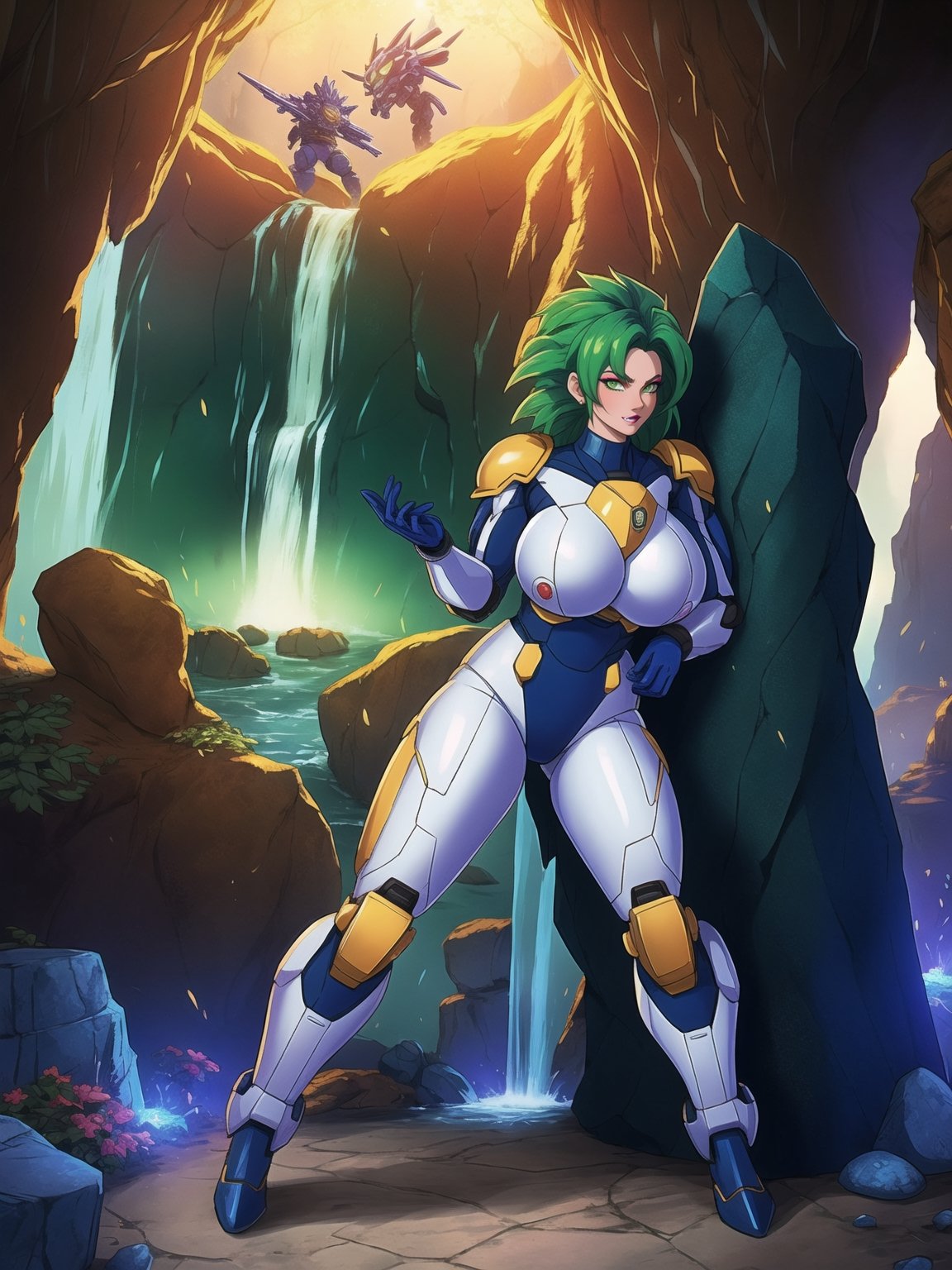 A woman, wearing all white mecha suit, mecha suit with parts in blue, mecha suit with cybernetic armor, very tight mecha suit, ((gigantic breasts, SuperSaiyan, green hair, (looking directly at the viewer), she is, in a dungeon in a cave, with many machines, monsters, robots, altars, pillars of stones, luminous pipes, waterfall, 16K, UHD, best possible quality, ultra detailed, best possible resolution, Unreal Engine 5, professional photography, she is, ((sensual pose with interaction and leaning on anything + object + on something + leaning against)) + perfect_thighs, perfect_legs, perfect_feet, better_hands, ((full body)), More detail,