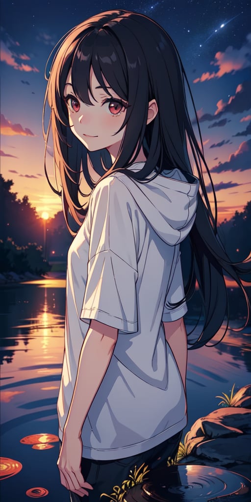 red eyes, black hair, girl, Loli, little girl, tender expression, long hair, (dinamic pose),
black baggy track pants, large white t-shirt with hood, long bangs, (white t-shirt black sleeves), centered, digital art, | sky, heavenly clouds, constellations, sky, clouds, heaven, mystical, psycodelic, | (saturated colors:1.2), sunset, bokeh, depth of field, | , hands in pockets, small breasts, slender body, stopped in a puddle, from behind looking back, slight smile,twitch emoji, (Upper body)