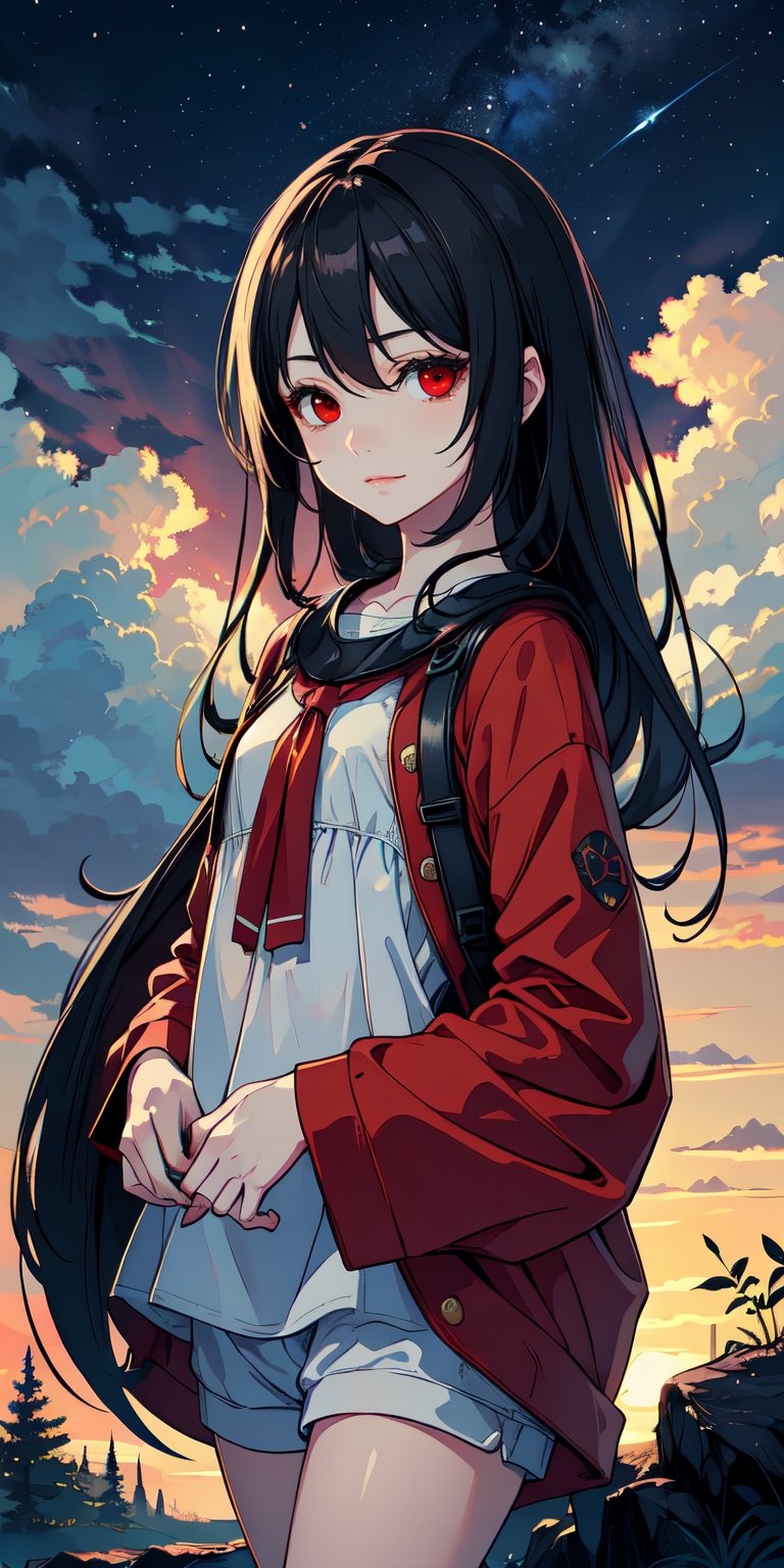 red eyes, black hair with red tips, girl, tender expression, ((long hair)), (dinamic pose), (pijama),
 centered, digital art, | sky, heavenly clouds, constellations, sky, clouds, heaven, mystical, psycodelic, | (saturated colors:1.2), sunset, bokeh, depth of field, | , hands in pockets, small breasts, slender body, slight smile,twitch emoji, standing on a floating platform