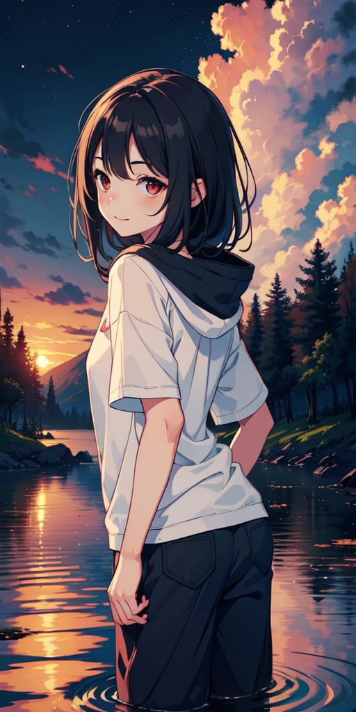 red eyes, black hair, girl, Loli, little girl, tender expression, long hair, (dinamic pose),
black baggy track pants, large white t-shirt with hood, long bangs, (white t-shirt black sleeves), centered, digital art, | sky, heavenly clouds, constellations, sky, clouds, heaven, mystical, psycodelic, | (saturated colors:1.2), sunset, bokeh, depth of field, | , hands in pockets, small breasts, slender body, stopped in a puddle, from behind looking back, slight smile,twitch emoji, (Upper body)