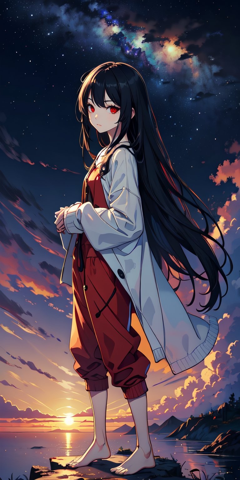 red eyes, black hair with red tips, girl, tender expression, ((long hair)), (dinamic pose), (pijama),
 centered, digital art, | sky, heavenly clouds, constellations, sky, clouds, heaven, mystical, psycodelic, | (saturated colors:1.2), sunset, bokeh, depth of field, | , hands in pockets, small breasts, slender body, slight smile,twitch emoji, standing on a floating platform