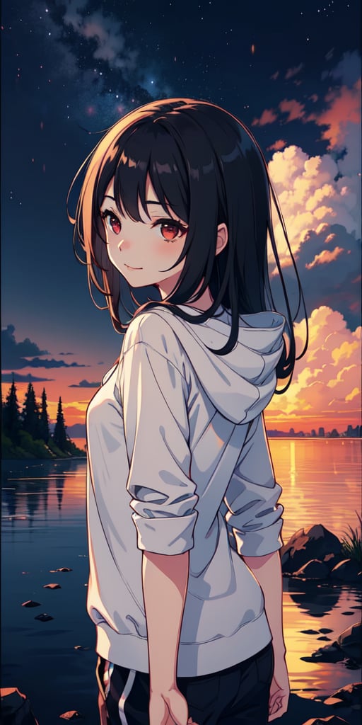 red eyes, black hair, girl, Loli, little girl, tender expression, long hair, (dinamic pose),
black baggy track pants, large white t-shirt with hood, long bangs, (white t-shirt black sleeves), centered, digital art, | sky, heavenly clouds, constellations, sky, clouds, heaven, mystical, psycodelic, | (saturated colors:1.2), sunset, bokeh, depth of field, | , hands in pockets, small breasts, slender body, stopped in a puddle, from behind looking back, slight smile,twitch emoji, (Upper body)