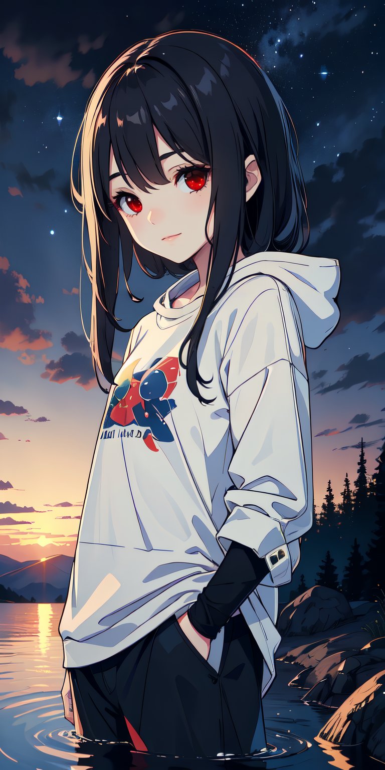 red eyes, black hair, girl, Loli, little girl, tender expression, long hair, (dinamic pose),
black baggy track pants, large white t-shirt with hood, long bangs, (white t-shirt black sleeves), centered, digital art, | sky, heavenly clouds, constellations, sky, clouds, heaven, mystical, psycodelic, | (saturated colors:1.2), sunset, bokeh, depth of field, | , hands in pockets, small breasts, slender body, stopped in a puddle, slight smile,twitch emoji, (Upper body)