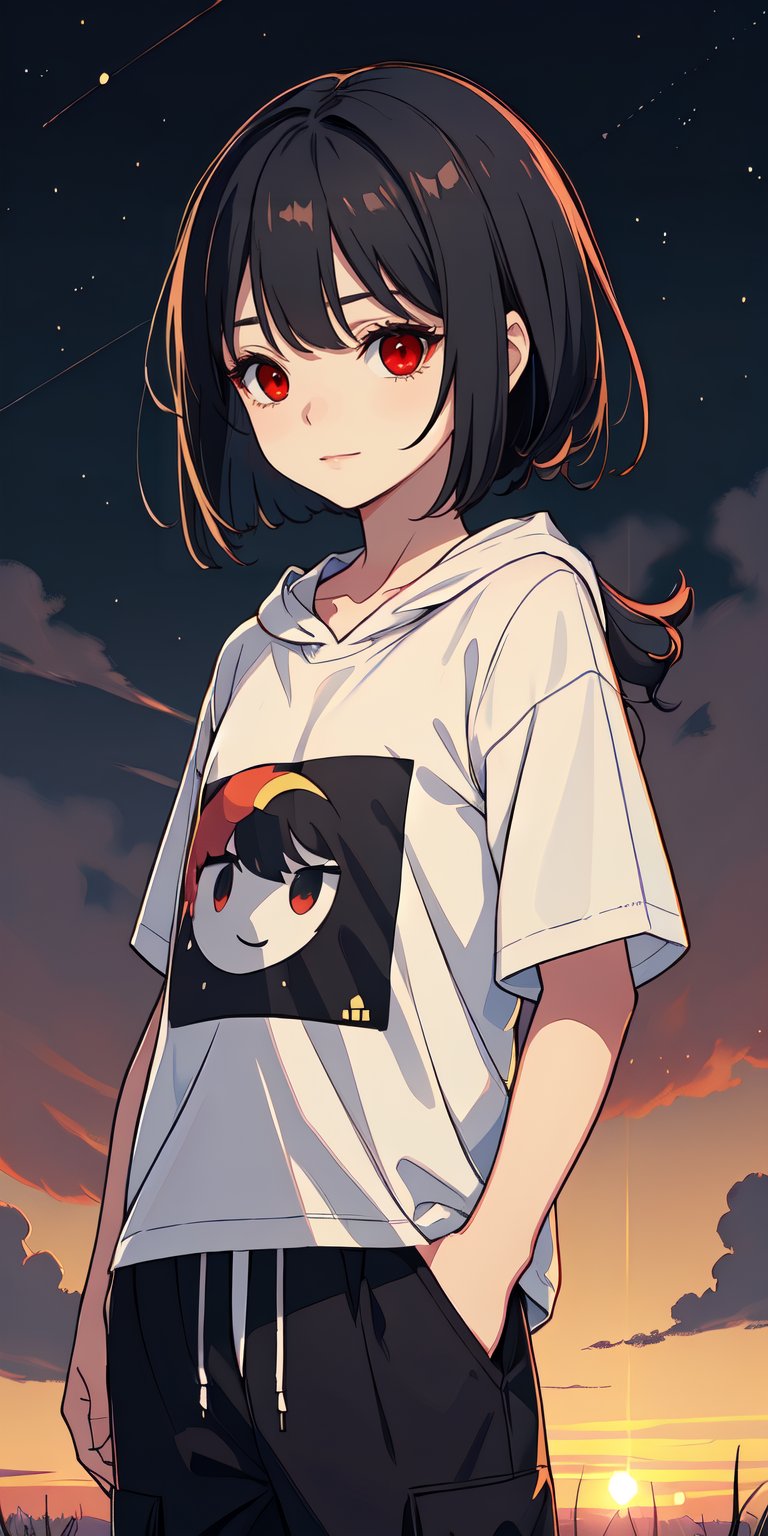 red eyes, black hair, girl, Loli, little girl, tender expression, long hair, (dinamic pose),
black baggy track pants, large white t-shirt with hood, long bangs, (white t-shirt black sleeves), centered, digital art, | sky, heavenly clouds, constellations, sky, clouds, heaven, mystical, psycodelic, | (saturated colors:1.2), sunset, bokeh, depth of field, | , hands in pockets, small breasts, slender body, stopped in a puddle, slight smile,twitch emoji, (Upper body)