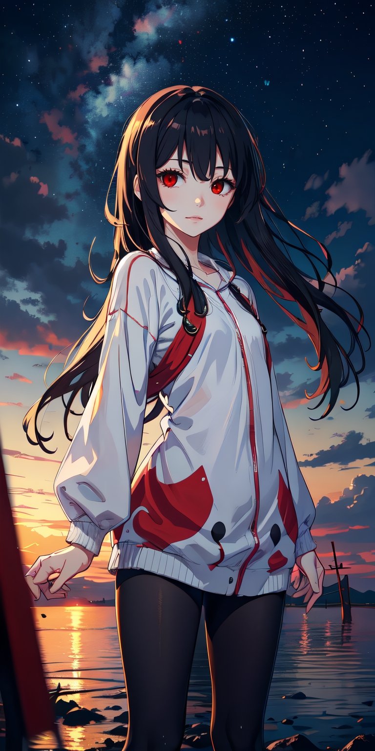 red eyes, black hair with red tips, girl, tender expression, ((long hair)), (dinamic pose), (pijama),
 centered, digital art, | sky, heavenly clouds, constellations, sky, clouds, heaven, mystical, psycodelic, | (saturated colors:1.2), sunset, bokeh, depth of field, | , hands in pockets, small breasts, slender body, slight smile,twitch emoji, standing on a floating platform