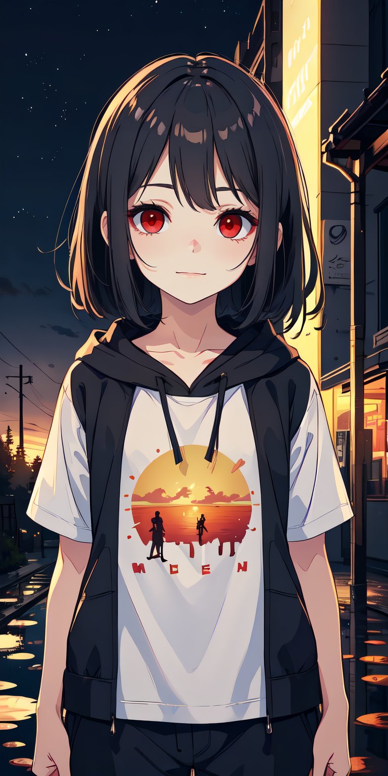 red eyes, black hair, girl, Loli, little girl, tender expression, long hair, (dinamic pose),
black baggy track pants, large white t-shirt with hood, long bangs, (white t-shirt black sleeves), centered, digital art, | sky, heavenly clouds, constellations, sky, clouds, heaven, mystical, psycodelic, | (saturated colors:1.2), sunset, bokeh, depth of field, | , hands in pockets, small breasts, slender body, stopped in a puddle, slight smile,twitch emoji, (Upper body)