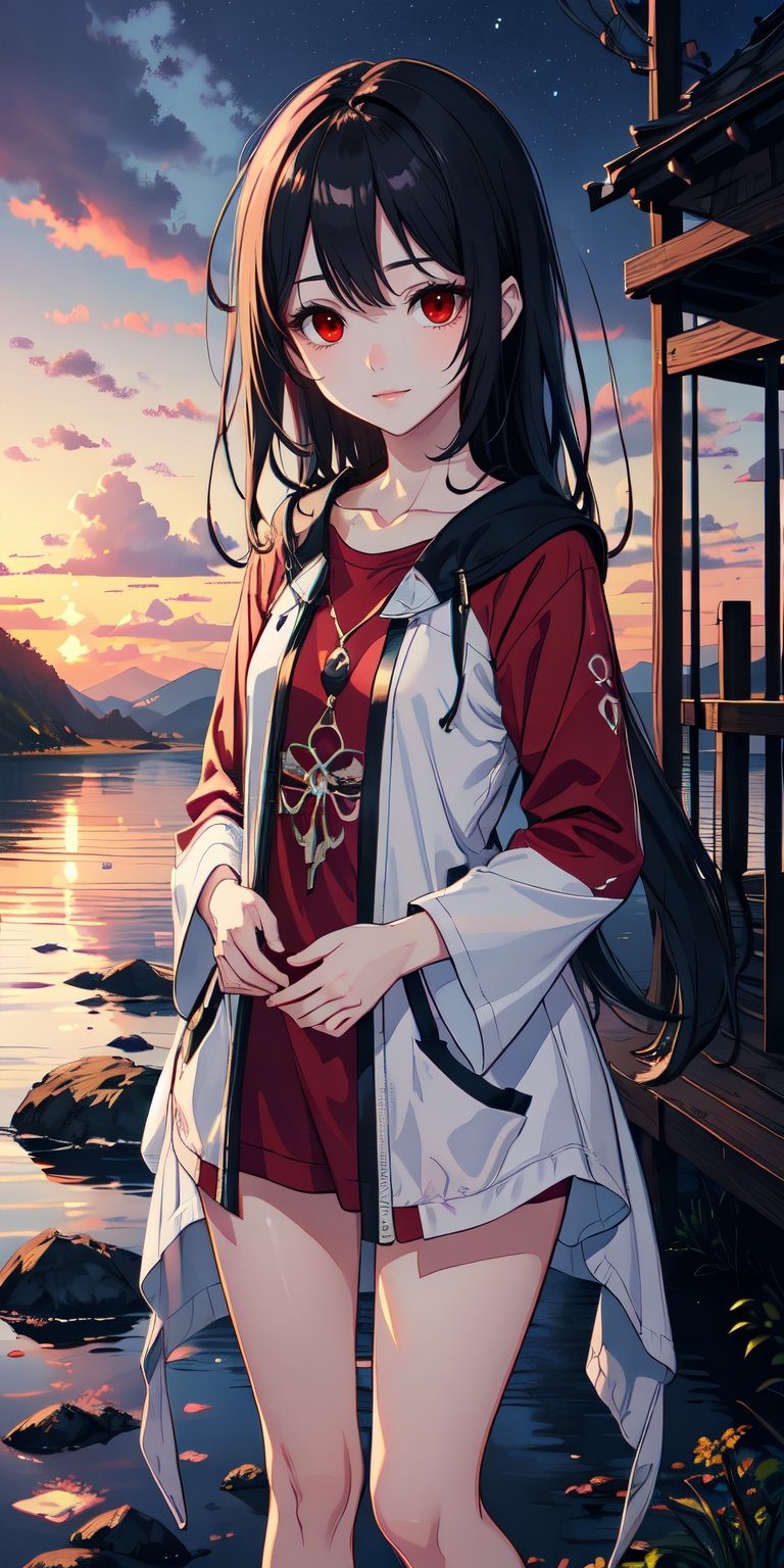 red eyes, black hair with red tips, girl, tender expression, ((long hair)), (dinamic pose), (pijama),
 centered, digital art, | sky, heavenly clouds, constellations, sky, clouds, heaven, mystical, psycodelic, | (saturated colors:1.2), sunset, bokeh, depth of field, | , hands in pockets, small breasts, slender body, slight smile,twitch emoji, standing on a floating platform