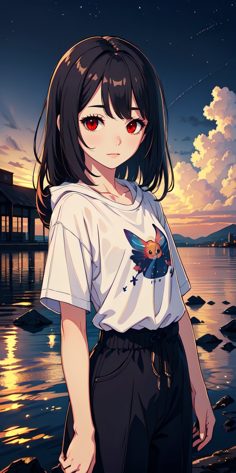 red eyes, black hair, girl, Loli, little girl, tender expression, long hair, (dinamic pose),
black baggy track pants, large white t-shirt with hood, long bangs, (white t-shirt black sleeves), centered, digital art, | sky, heavenly clouds, constellations, sky, clouds, heaven, mystical, psycodelic, | (saturated colors:1.2), sunset, bokeh, depth of field, | , hands in pockets, small breasts, slender body, stopped in a puddle, slight smile,twitch emoji, (Upper body)