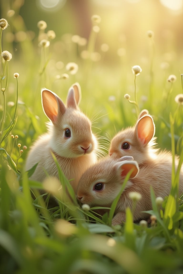 A close-up shot of baby rabbits nestled in a field of soft, green grass, with a gentle morning light illuminating their fluffy fur. The composition focuses on the rabbits' playful poses, with blades of grass framing the scene. The location is a serene meadow, with a soft, natural background.