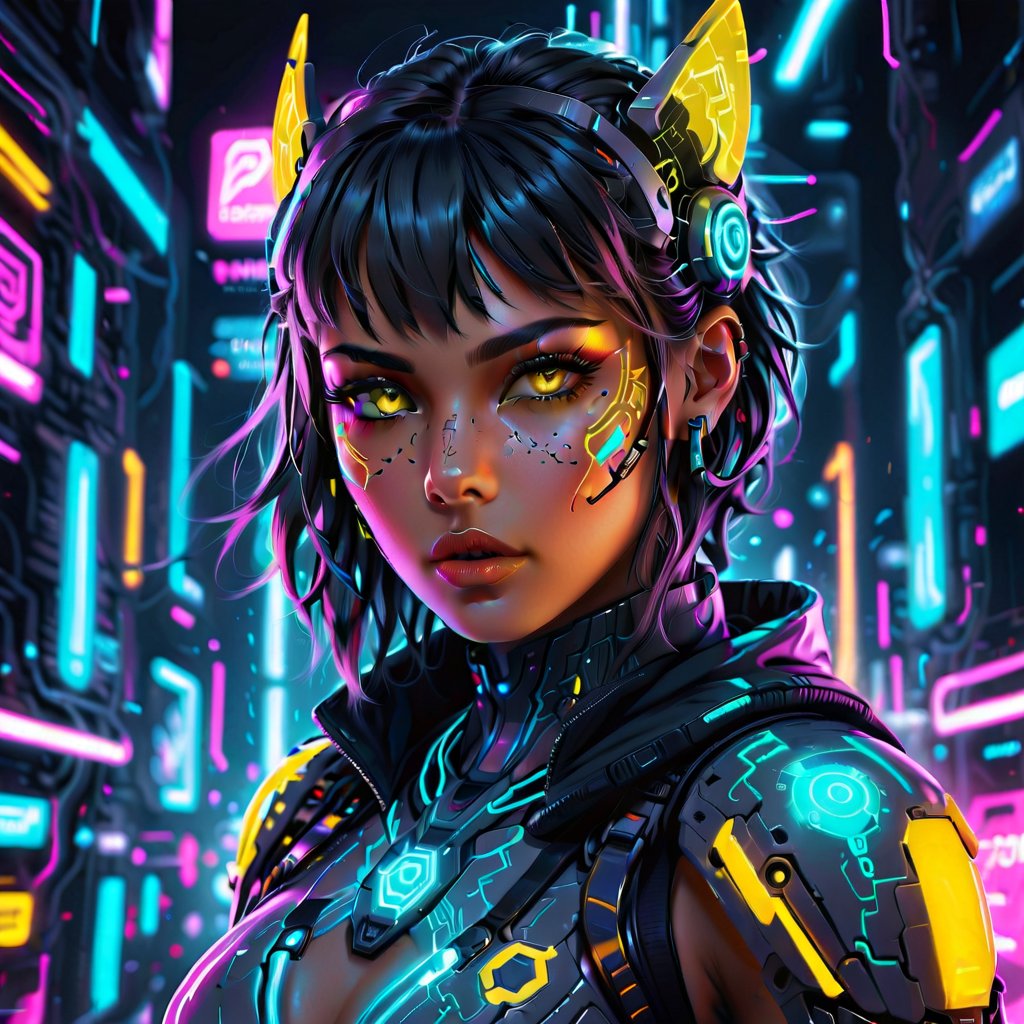 a cyberpunk cyborg girl, beautiful detailed eyes, beautiful detailed lips, extremely detailed face and skin, long eyelashes, futuristic neon lights, glowing circuit board patterns, dynamic pose, digital art, cinematic lighting, vivid colors, 8k, high resolution, hyper detailed, photorealistic, award winning concept art, YELLOW TONES IN THE AIR

