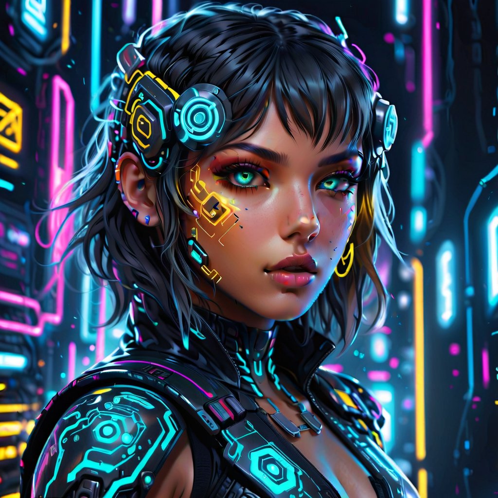 a cyberpunk cyborg girl, beautiful detailed eyes, beautiful detailed lips, extremely detailed face and skin, long eyelashes, futuristic neon lights, glowing circuit board patterns, dynamic pose, digital art, cinematic lighting, vivid colors, 8k, high resolution, hyper detailed, photorealistic, award winning concept art, YELLOW TONES IN THE AIR

