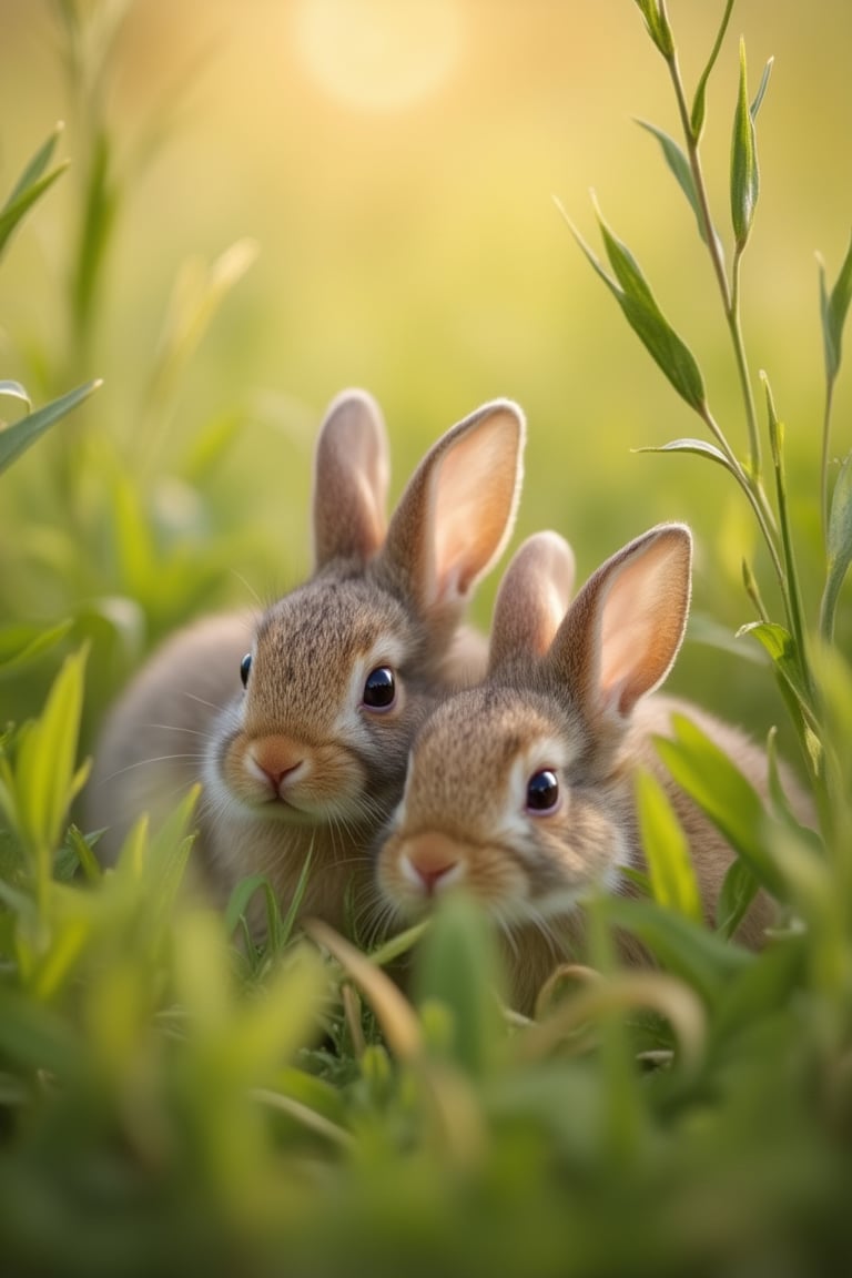 A close-up shot of baby rabbits nestled together in a field of soft, green grass, with a gentle, warm sunlight illuminating their fluffy fur. The composition focuses on the rabbits' peaceful expressions, with the grass framing their bodies and creating a natural, serene background. The scene captures a moment of tranquility, with the rabbits' delicate features and the lush greenery creating a harmonious, calming atmosphere.