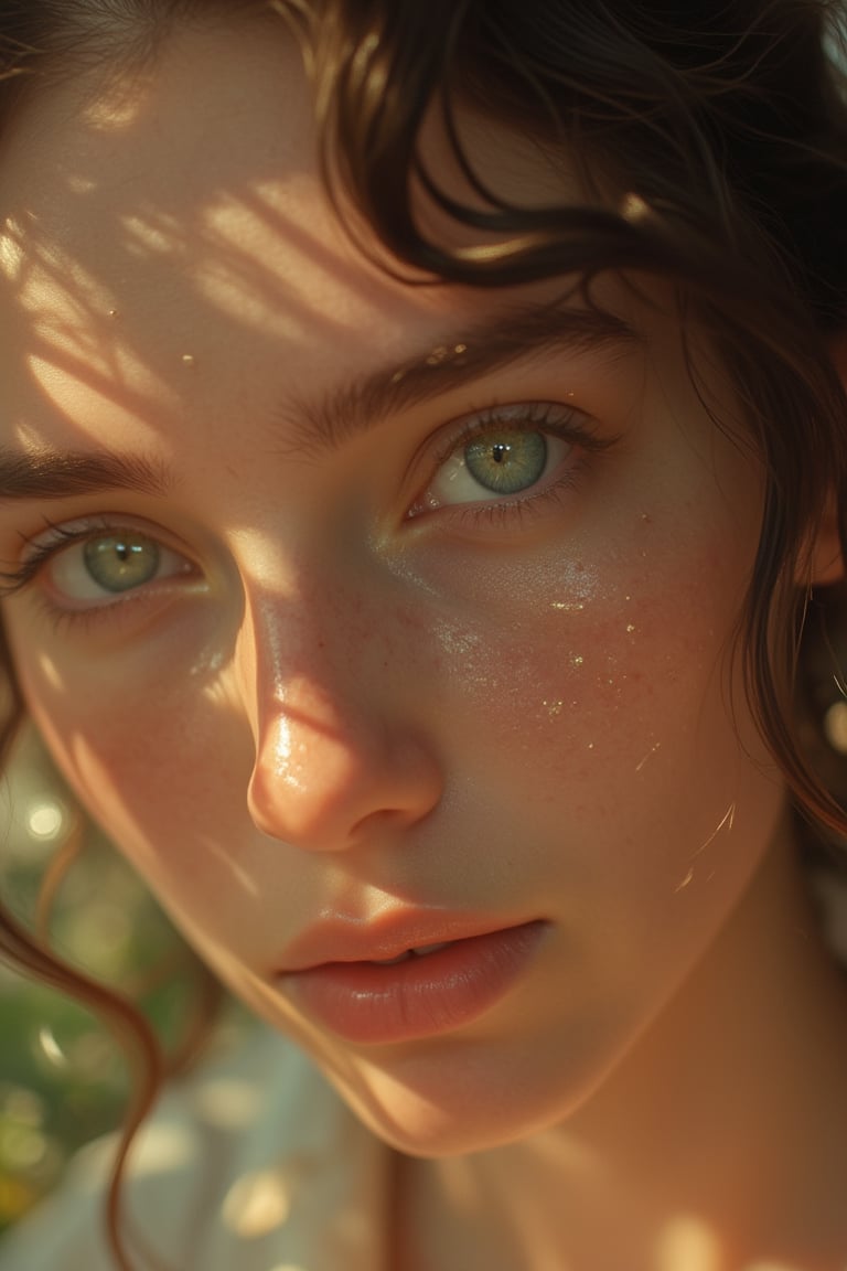 A close-up portrait of a person with radiant green eyes, captured in soft, natural light. The composition highlights the depth and clarity of the eyes, with a gentle bokeh effect in the background. The subject's eyes are wide open, reflecting a hint of sunlight, and the surrounding skin is softly illuminated, emphasizing the beauty of the eyes. The overall mood is serene and captivating, drawing focus to the mesmerizing green irises.