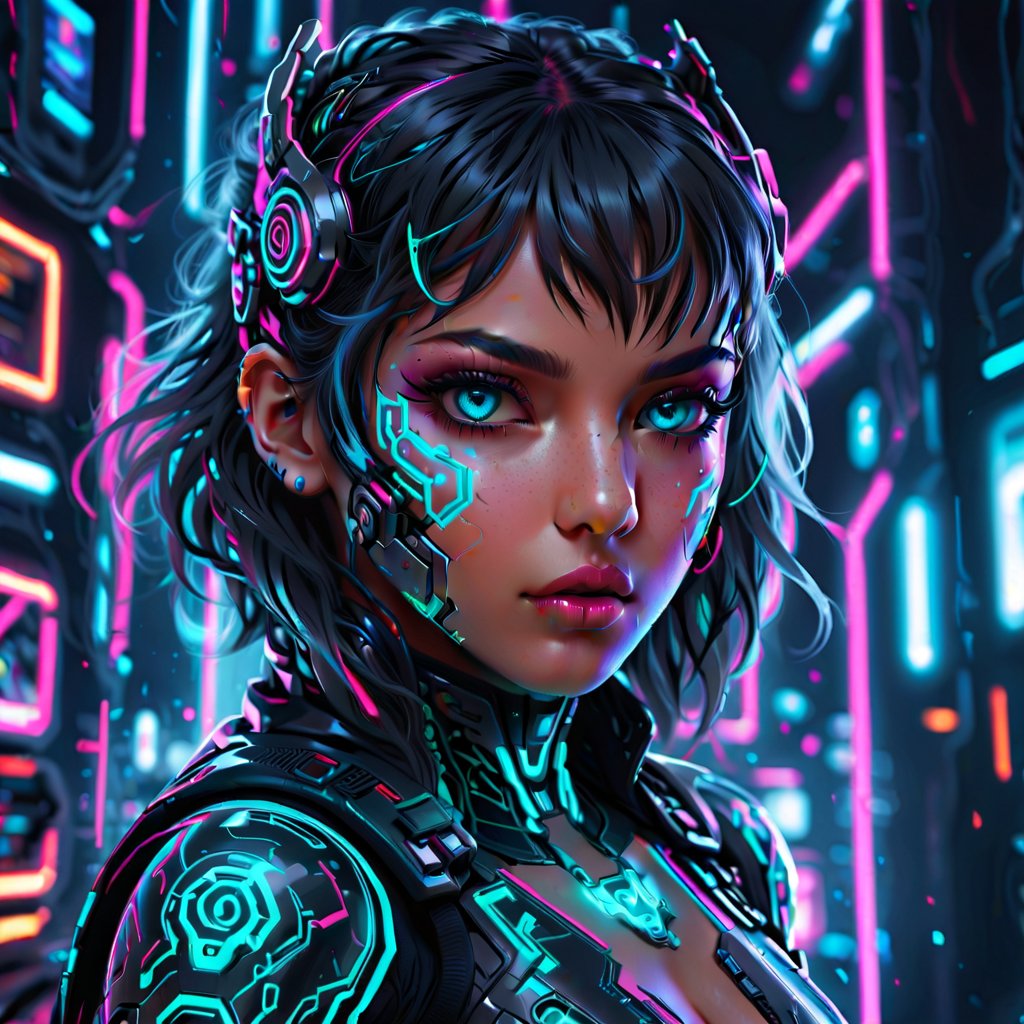 a cyberpunk cyborg girl, beautiful detailed eyes, beautiful detailed lips, extremely detailed face and skin, long eyelashes, futuristic neon lights, glowing circuit board patterns, dynamic pose, digital art, cinematic lighting, vivid colors, 8k, high resolution, hyper detailed, photorealistic, award winning concept art
