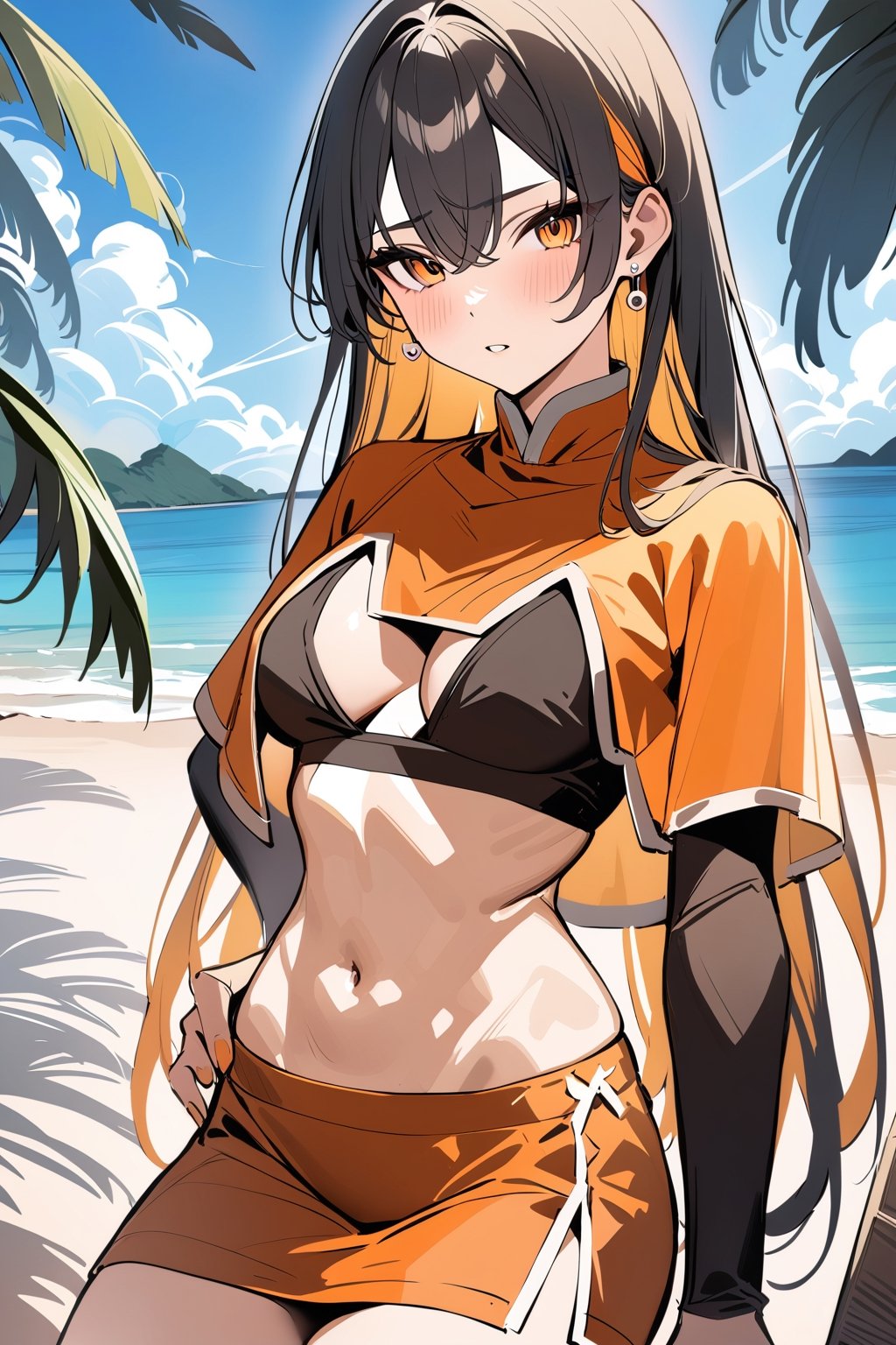 masterpiece, best quality, newest, 1girl, solo, beach, monerochan, black hair, colored inner hair, orange skirt, orange capelet, dark crop top, sleeves, navel, midriff, orange eyes, round stud earrings,