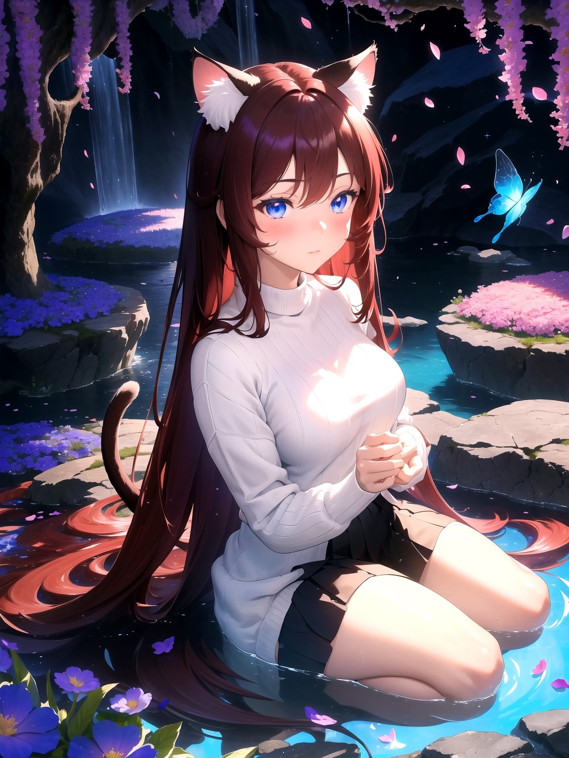 (masterpiece, best quality, highres), 1girl, raifu, solo, abstract, close-up, pov, seiza,BREAKdark background, depth of field, rim lighting, flowers, petals,crystals, cave, butterfly, vegetation, aura, magic, water,BREAKdark red hair, blue eyes, straight hair, cat ears, blush,(medium breasts:0.8), mature female, white sweater,