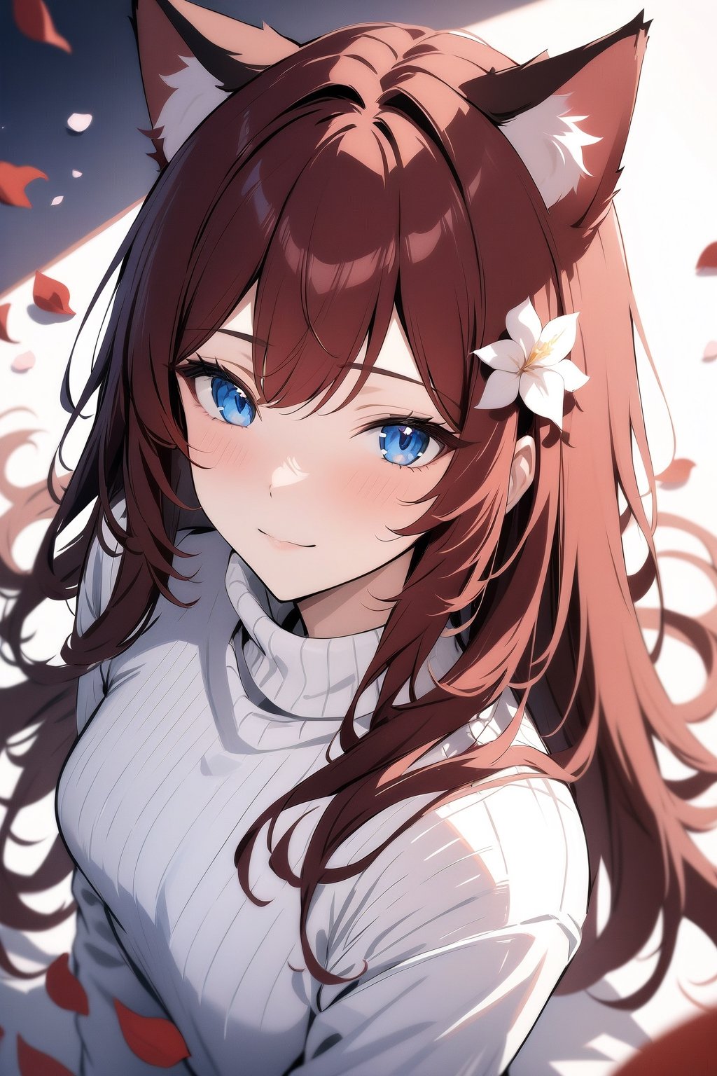 masterpiece, best quality, newest, 1girl, solo, simple background, white background, depth of field, flower, petals, looking at viewer, light smile, from above, raifu, dark red hair, straight hair, blue eyes, cat ears, white sweater,