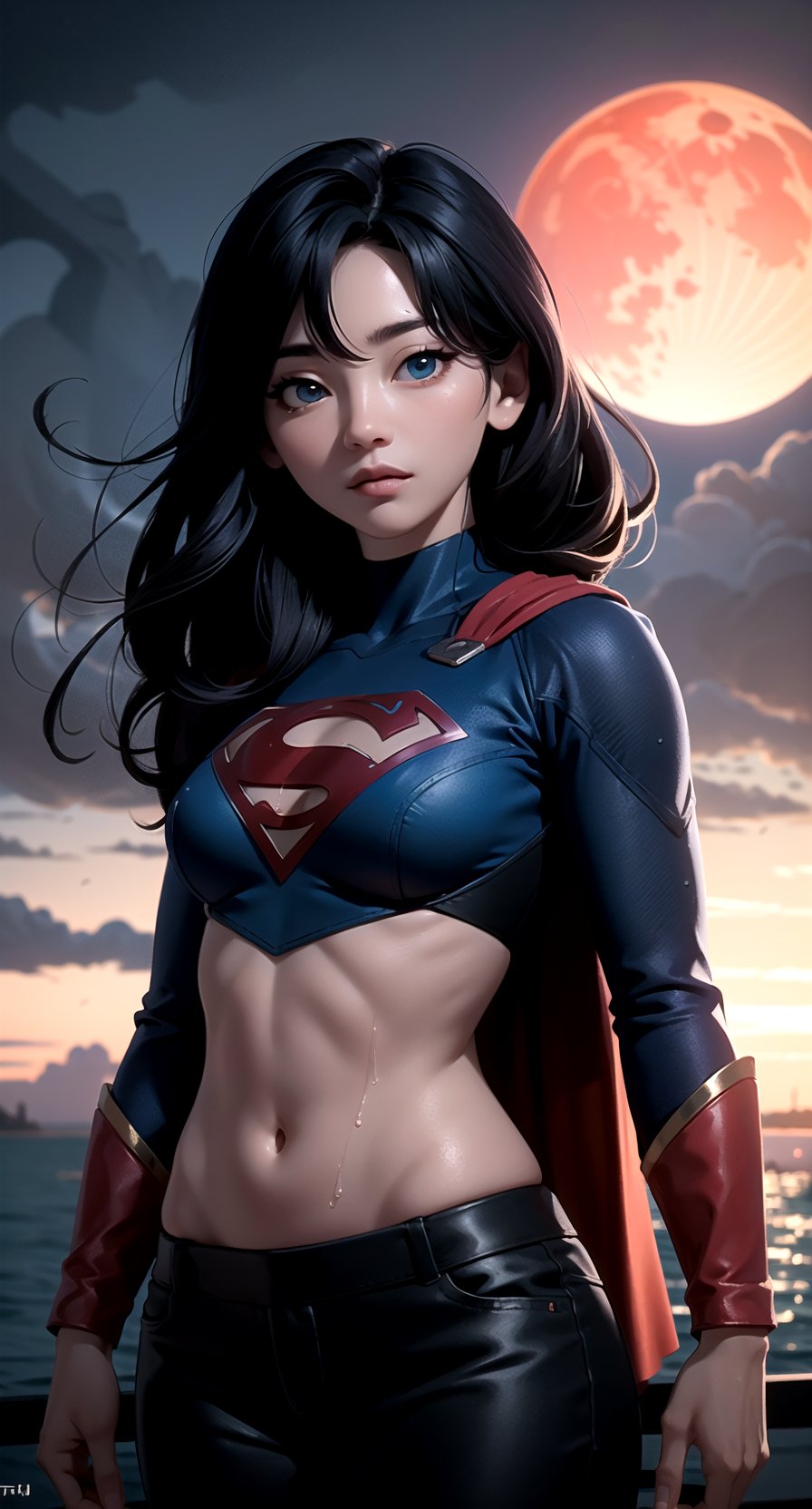 centered, masterpiece, korean supergirl, lowleg black shorts, midriff, navel, wet body in the beach, rainbow in the sky, natural skin texture, soft cinematic light, adobe lightroom, photolab, hdr, intricate, elegant, highly detailed, sharp focus, (cinematic look), soothing tones, insane details, intricate details, hyperdetailed, low contrast, soft cinematic light, dim colors, exposure blend, hdr, faded, cartoon, (detailed cloudscape:1.1), beautiful face, beautiful eyes, fantasy, dreamlike, unreal, science fiction, perfect light, red moon, | ,yihyun