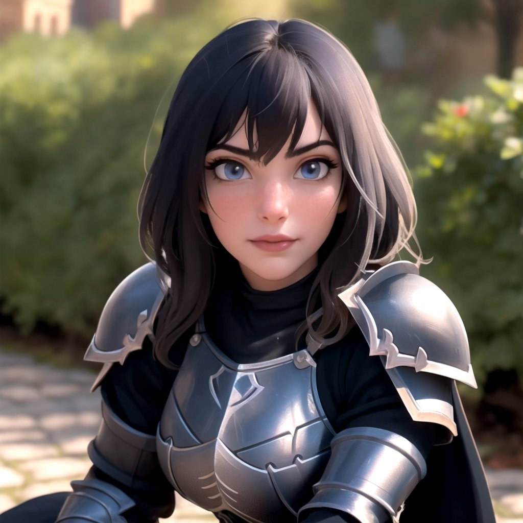 centered, upper body, award winning upper body portrait, (detailed face), (beautiful detailed eyes:1.2), | solo, knight woman, (black knight tight armor), symetrical and detailed armor, | fantasy town, medieval, european street, | bokeh, depht of field, | hyperealistic shadows, smooth detailed, blurred background,cassdawnlvl1