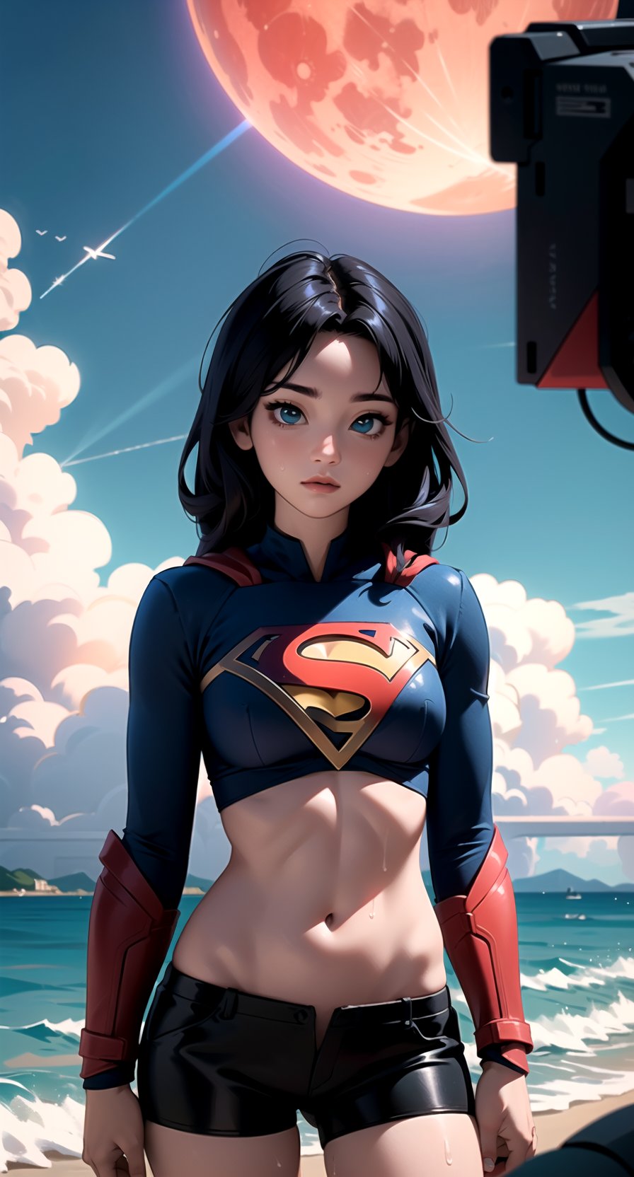 centered, masterpiece, korean supergirl, lowleg black shorts, midriff, navel, wet body in the beach, rainbow in the sky, natural skin texture, soft cinematic light, adobe lightroom, photolab, hdr, intricate, elegant, highly detailed, sharp focus, (cinematic look), soothing tones, insane details, intricate details, hyperdetailed, low contrast, soft cinematic light, dim colors, exposure blend, hdr, faded, cartoon, (detailed cloudscape:1.1), beautiful face, beautiful eyes, fantasy, dreamlike, unreal, science fiction, perfect light, red moon, | ,yihyun