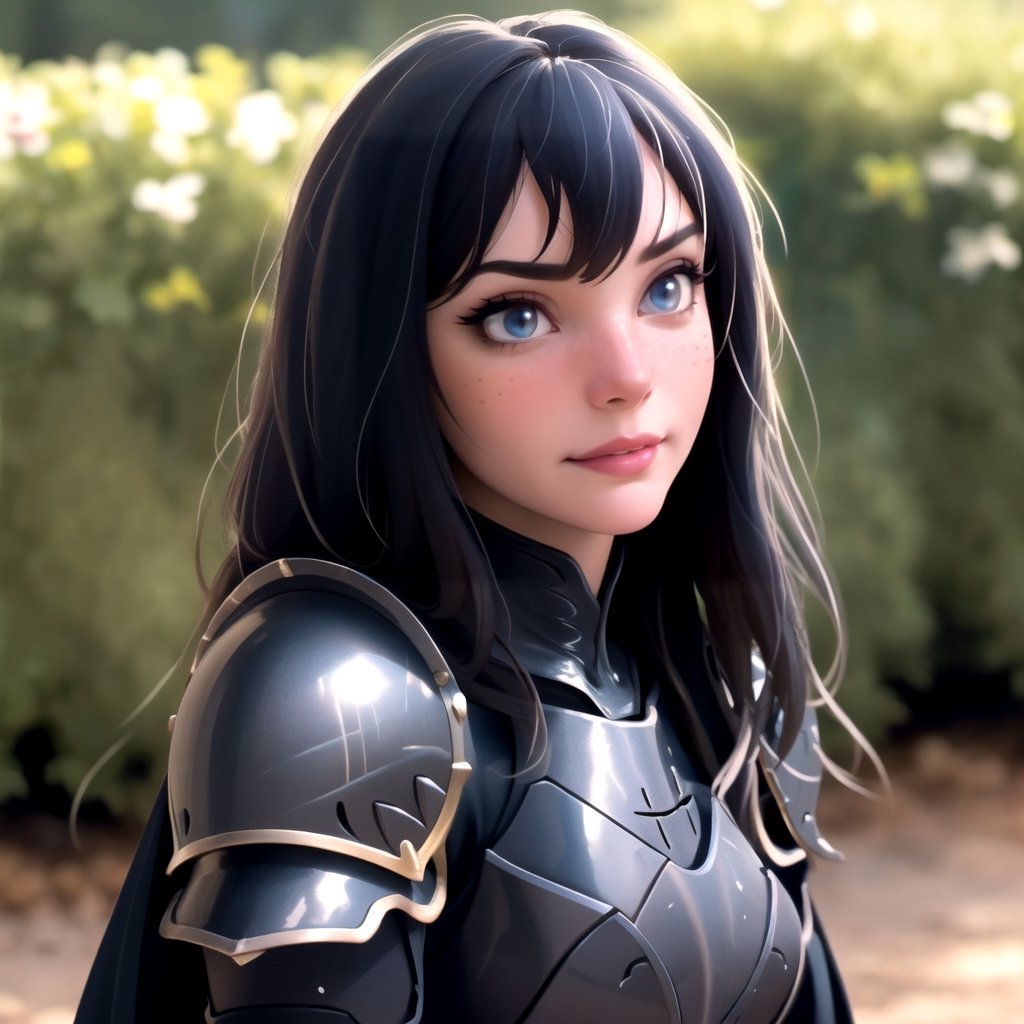 centered, upper body, award winning upper body portrait, (detailed face), (beautiful detailed eyes:1.2), | solo, knight woman, (black knight tight armor), symetrical and detailed armor, | fantasy town, medieval, european street, | bokeh, depht of field, | hyperealistic shadows, smooth detailed, blurred background,cassdawnlvl1