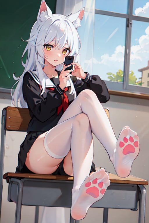 masterpiece, best quality, classroom, 1girl, sitting on desk, crossed legs, looking away, holding phone, long hair, white hair, yellow eyes, animal ears, black serafuku, black skirt, white thighhighs, feet, soles, paw print,  ,paw print,white stockings