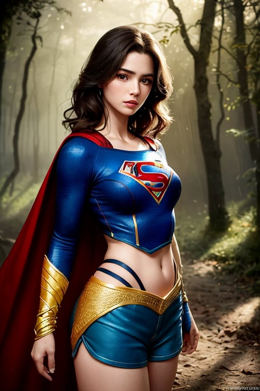 high quality fingers, normal hands, detailed fingers,masterpiece, (realistic, photo-realistic:1.37),Supergirl stands alone in the middle of an ancient, misty forest, her costume soaked through from the rain. The canopy of trees overhead provides a natural, casting dappled shadows on the heroine's determined face. ((The style mimics Olivia De Berardinis, with focus on anatomy, backgrounds, and lighting)), photography, golden hour.,photorealistic,analog,realism,realistic,raw,woman,portrait,looking at viewer, stunningly beautiful woman, detailed hairstyle, detailed background,shorts