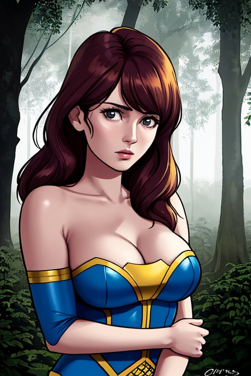 Supergirl stands alone in the middle of an ancient, misty forest, her costume soaked through from the rain. The canopy of trees overhead provides a natural, casting dappled shadows on the heroine's determined face. ((The style mimics Olivia De Berardinis, with focus on anatomy, backgrounds, and lighting)), photography, golden hour.,photorealistic,analog,realism,realistic,raw,woman,portrait