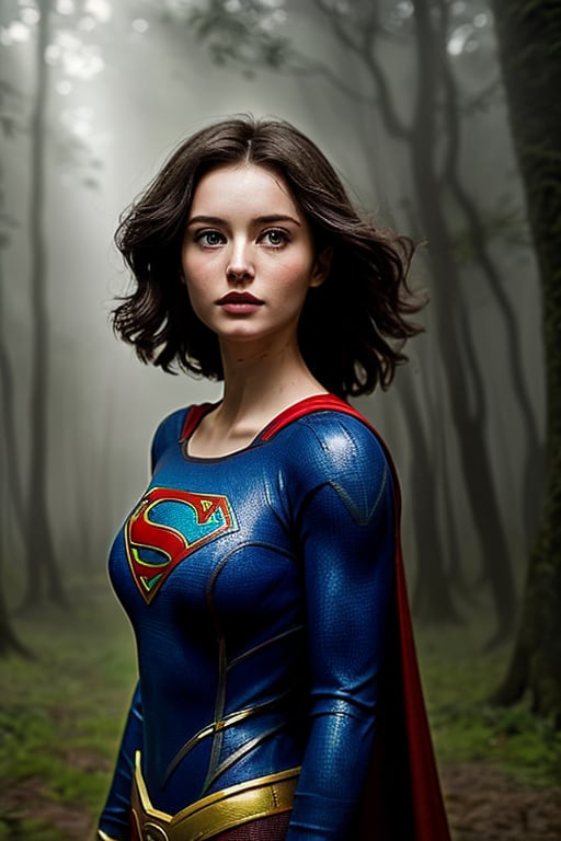 Supergirl stands alone in the middle of an ancient, misty forest, her costume soaked through from the rain. The canopy of trees overhead provides a natural umbrella, casting dappled shadows on the heroine's determined face. ((The style mimics Olivia De Berardinis, with focus on anatomy, backgrounds, and lighting)), photography, golden hour.