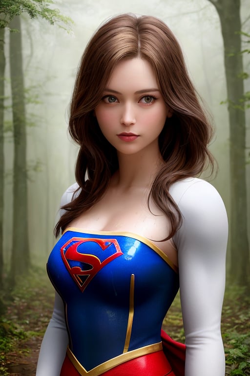 Supergirl stands alone in the middle of an ancient, misty forest, her costume soaked through from the rain. The canopy of trees overhead provides a natural umbrella, casting dappled shadows on the heroine's determined face. ((The style mimics Olivia De Berardinis, with focus on anatomy, backgrounds, and lighting)), photography, golden hour.,photorealistic,analog,realism,realistic,raw,woman,portrait