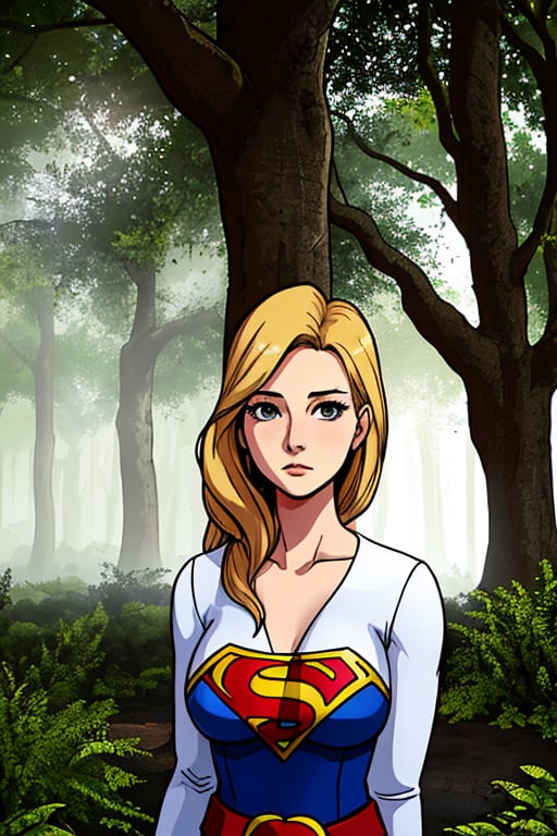 Supergirl stands alone in the middle of an ancient, misty forest, her costume soaked through from the rain. The canopy of trees overhead provides a natural umbrella, casting dappled shadows on the heroine's determined face. ((The style mimics Olivia De Berardinis, with focus on anatomy, backgrounds, and lighting)), photography, golden hour.,photorealistic,analog,realism,realistic,raw,woman,portrait