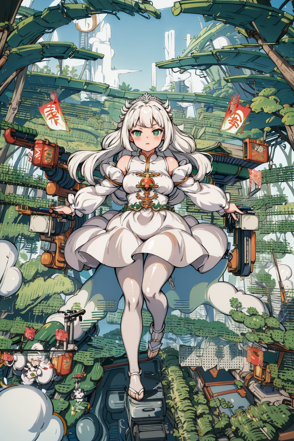 detailed illustration, kusanali,kid, white hair,white dress, green eyes,hair ornament, blush, full body, scenery, jungle ,32,高清,White Pantyhose,machinery,, Mecha,, , , , , 