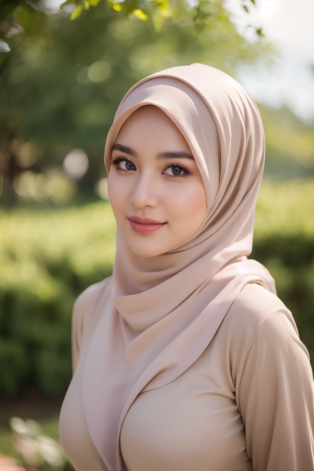 (full body), masterpiece, oval body shape, beautiful round face, warm smile, Soft brown eyes, curly eyelashes, expression full of warmth and kindness, ((hot pose, hand behind head, natural breast)), ( wearing a hijab), like a model, faint smile, very detailed, bright, (adul content background) , photoshot, photography, realistic, hd, 4k,realistic, cowboy_shot