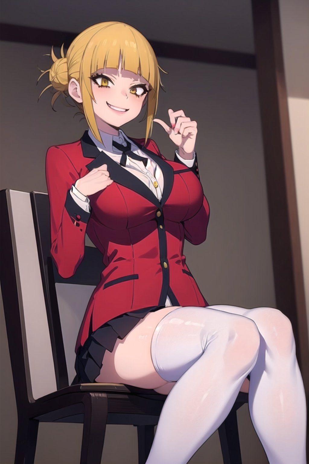 skirt,zettai_ryouiki,white socks,((white zettai ryouiki)),((Himiko Toga)),evil smile,dress,yellow hair,yumeko,school uniform red,short hair