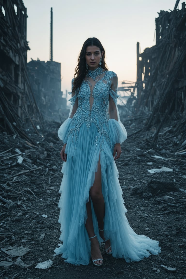 A cinematic photo of a stunning model dressed in light blue with open shoes, luxury dress, in the style of multi-layered textures, ornamental details, gothic core, highly detailed, photorealism, attractive and gorgeous beauty, while standing dominantly and confidently in a desolate place. , dark post-apocalyptic cityscape, capturing the stark juxtaposition of beauty and decay, with the model's perfect skin shining like a beacon of hope amidst the devastated cityscape. Photographed with a focused depth of field to blur the gloomy surroundings, emphasizing her striking, rebellious pose. full body, golden hour.